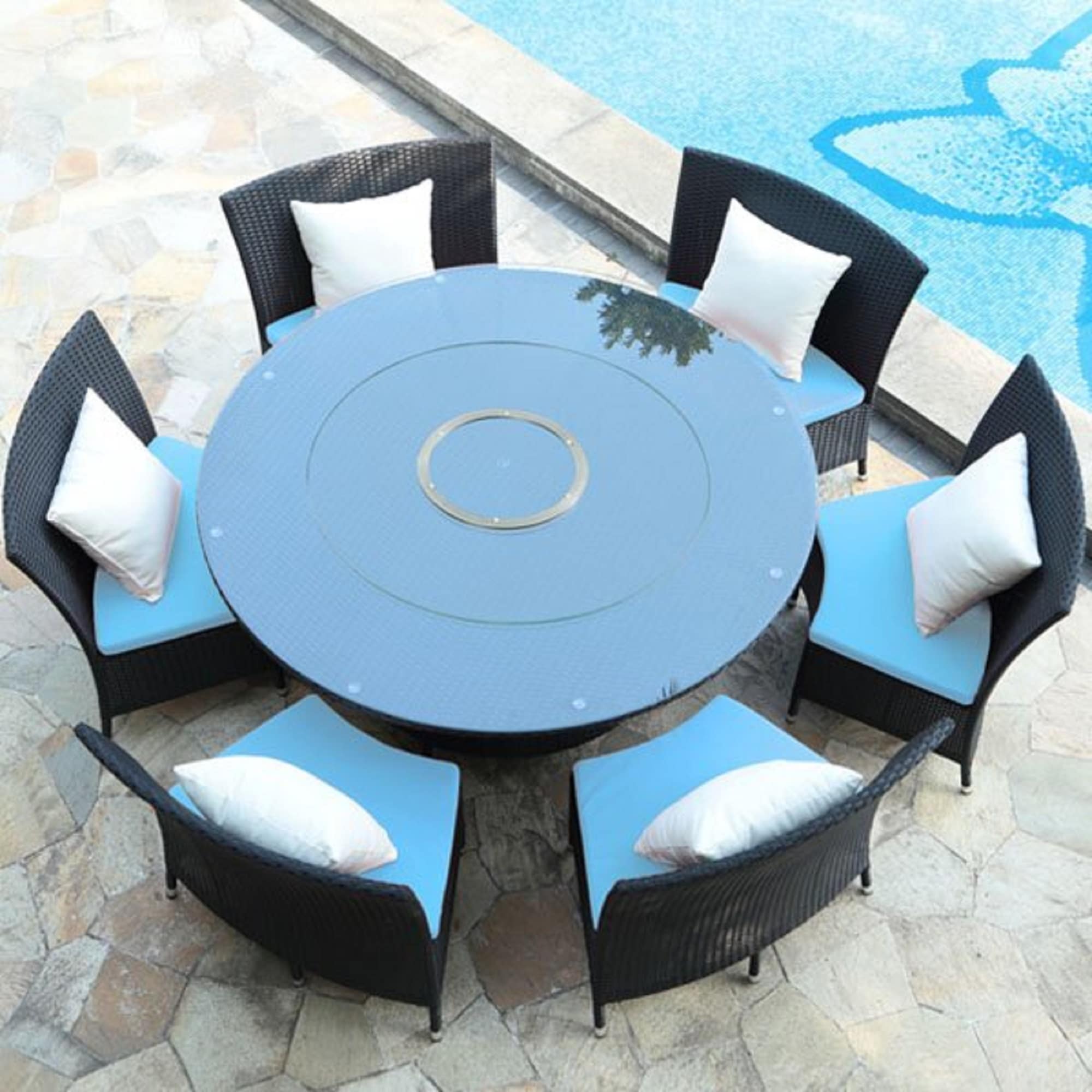 Manhattan Comfort OD-DS001-SB 7 -Piece Black Rattan Patio Dining Set Rattan Round Table with 6 Blue Cushions Stationary Chairs