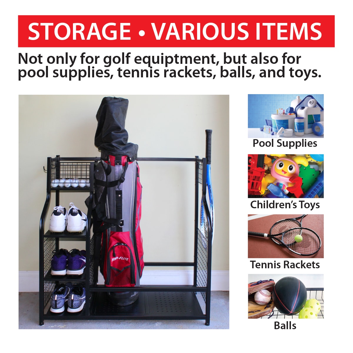Golf Storage Organizer for Garage, Golf Bag Holder Club Organizer Rack,  Fits for 2 Golf Bags and Golf Equipment