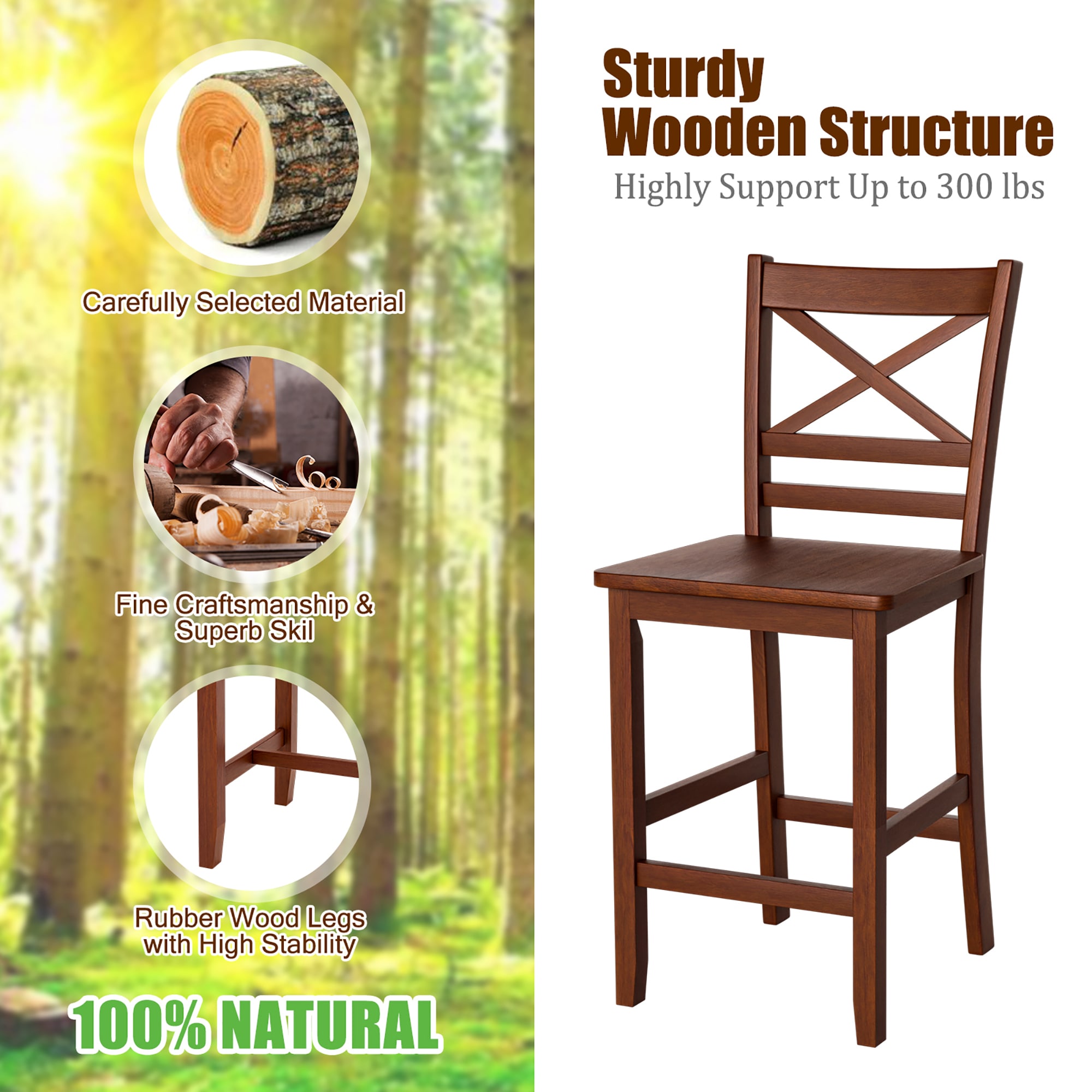 Antique Walnut 24'' Rubber Wood Counter Height Bar Stool Set
