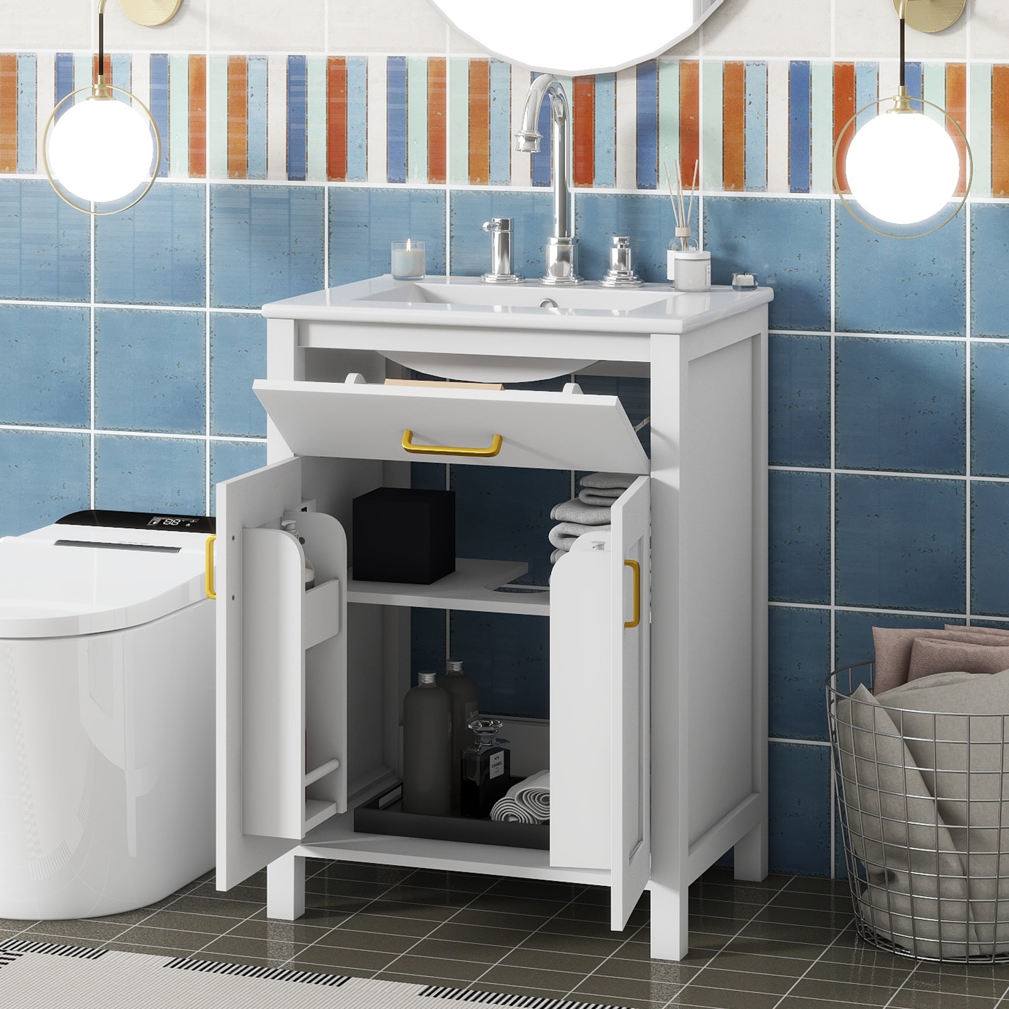 LOVMOR SF-M-WF323088AAK 24InchBathroom Vanity Combo with Ceramic sink Luxurious SpaceSaving Vanity W24InchxD18InchxH34Inchinch 2 SoftClose Doors