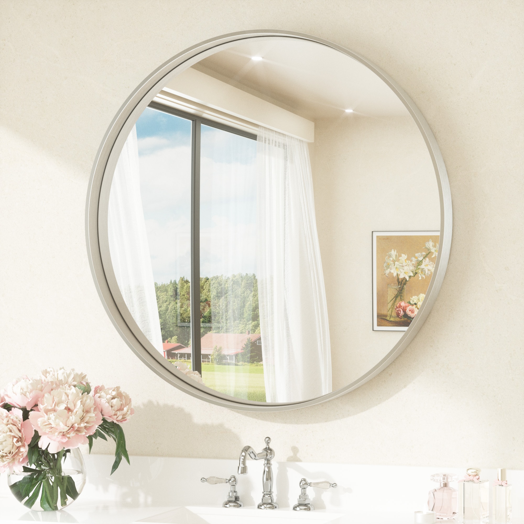 Keonjinn LW-JZ-YXJSK-R76SI Bathroom Mirrors 30-Inches W x 30-Inches H Round Brushed Silver Framed Wall Mirror