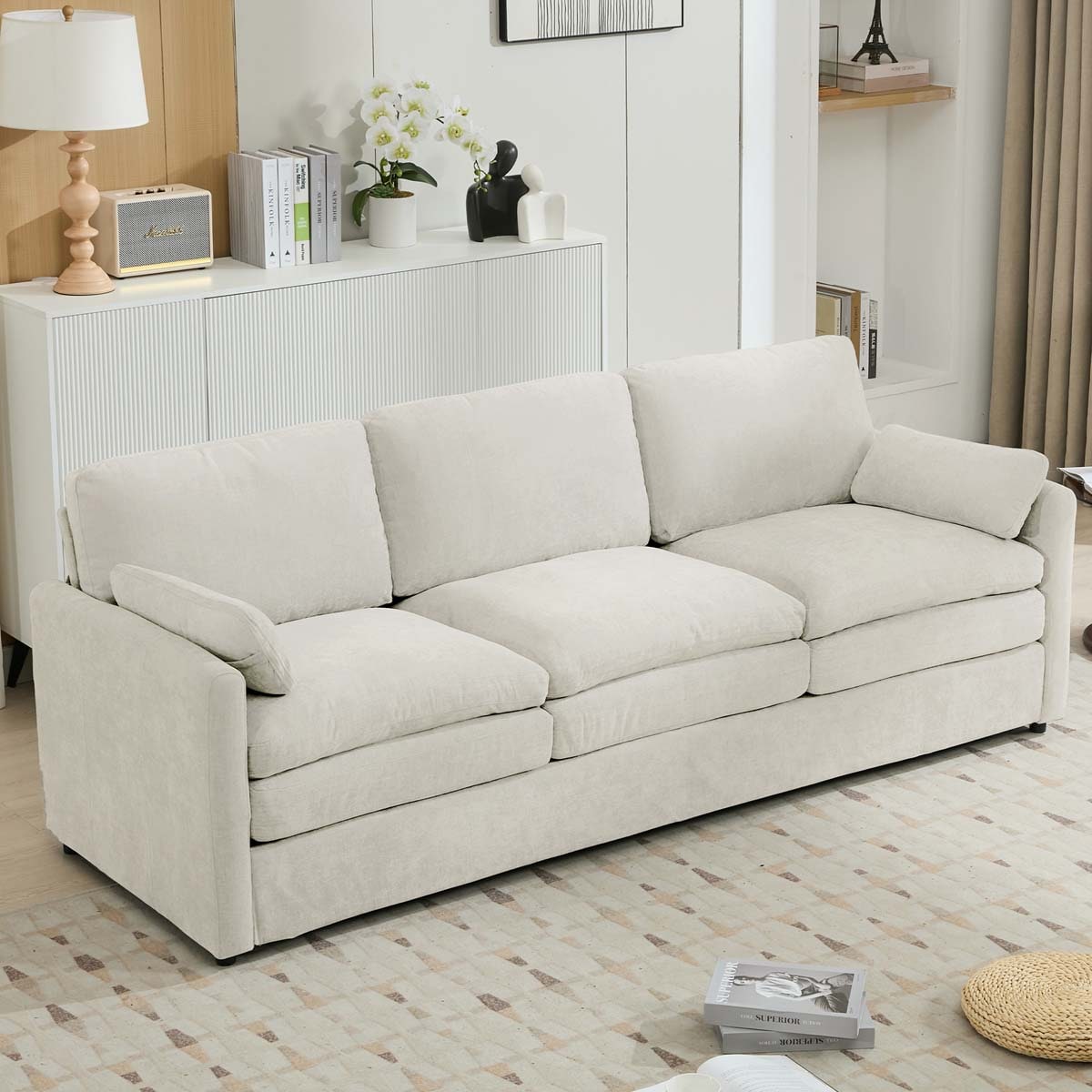 ModernLuxe Assembly Required 89inch  Cozy Upholstered 3seater Sofa Oversized Comfy Cloud Sofa Double Cushion 3seater Sofa Plush Cushion Sofa Couch for Living Room Beige