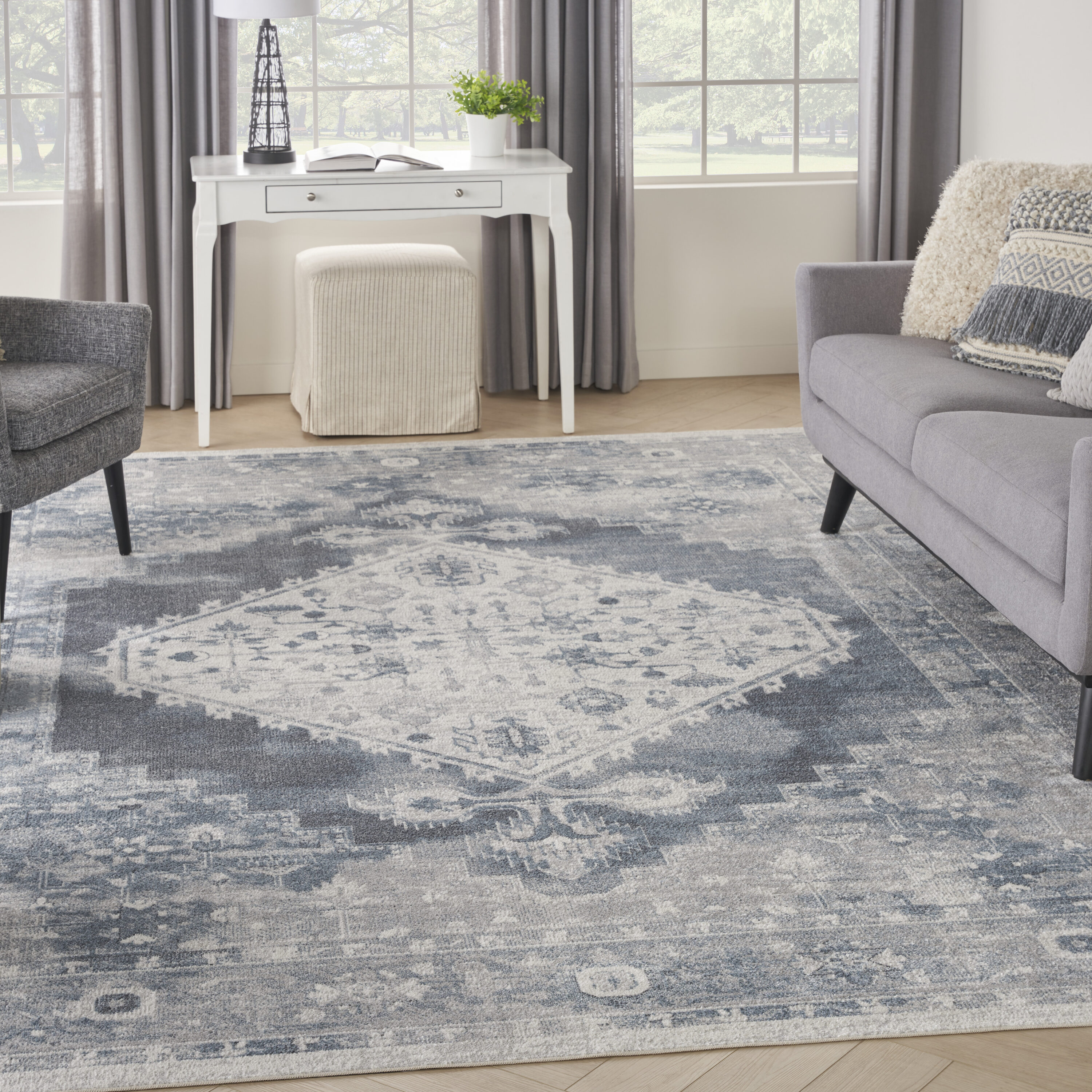 Nourison Home 099446979865 Astra Machine Washable 12 x 15 (ft) Loomed Polyester Blue Ivory Rectangular Indoor Medallion Vintage Machine washable Area rug