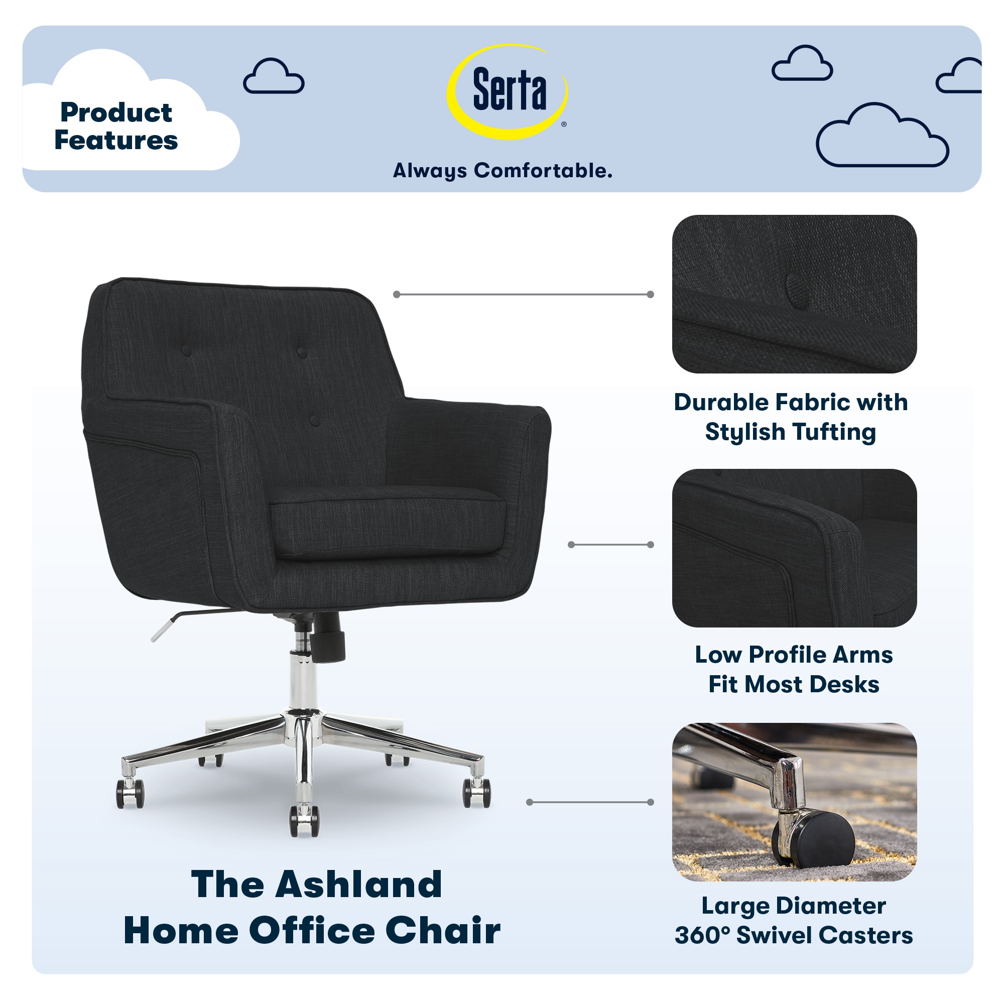 Ashland Charcoal Fabric Swivel Home Office Chair with Memory Foam