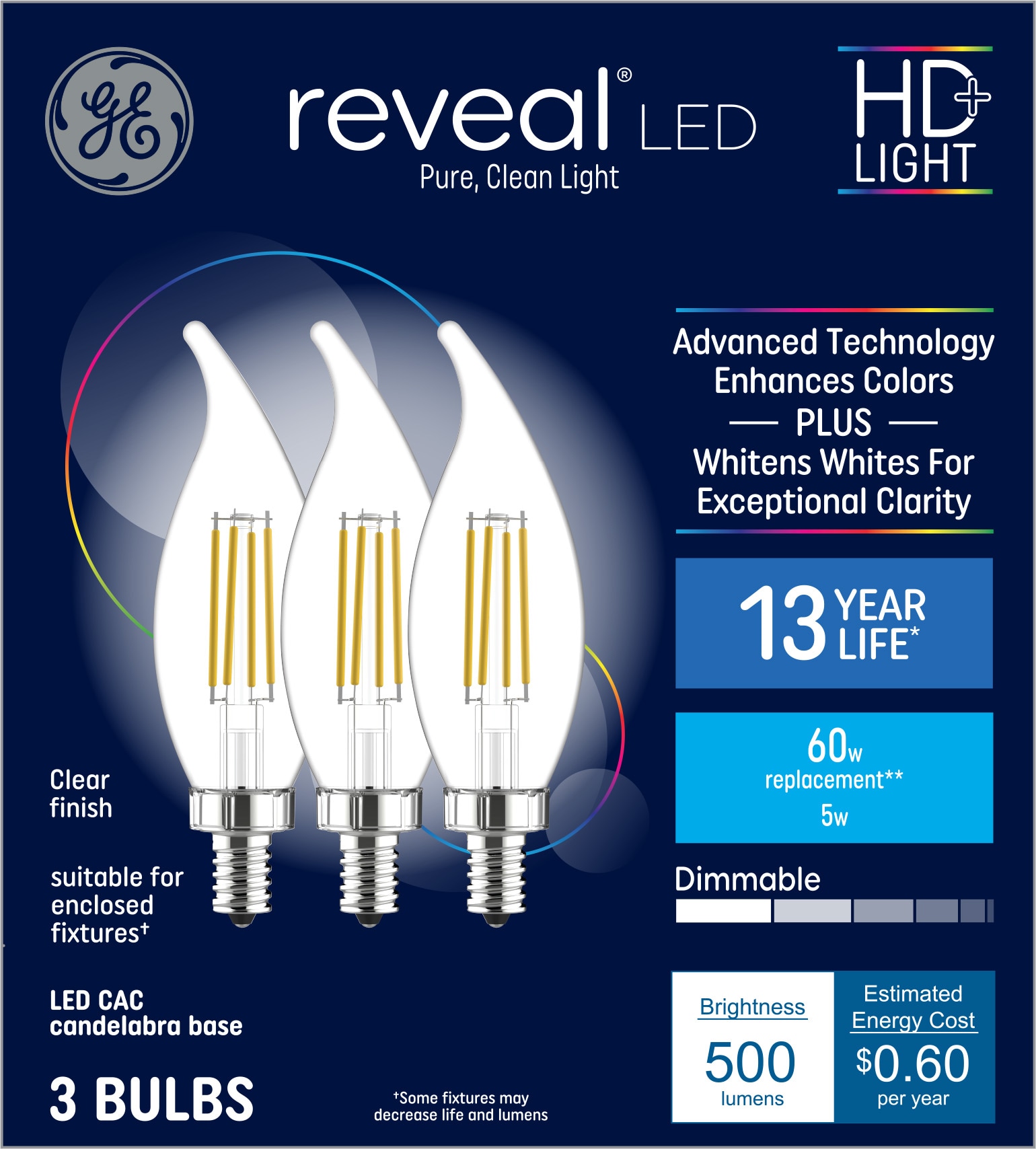 GE 60 Watt EQ CA11 Color enhancing Candelabra Base e 12 Dimmable