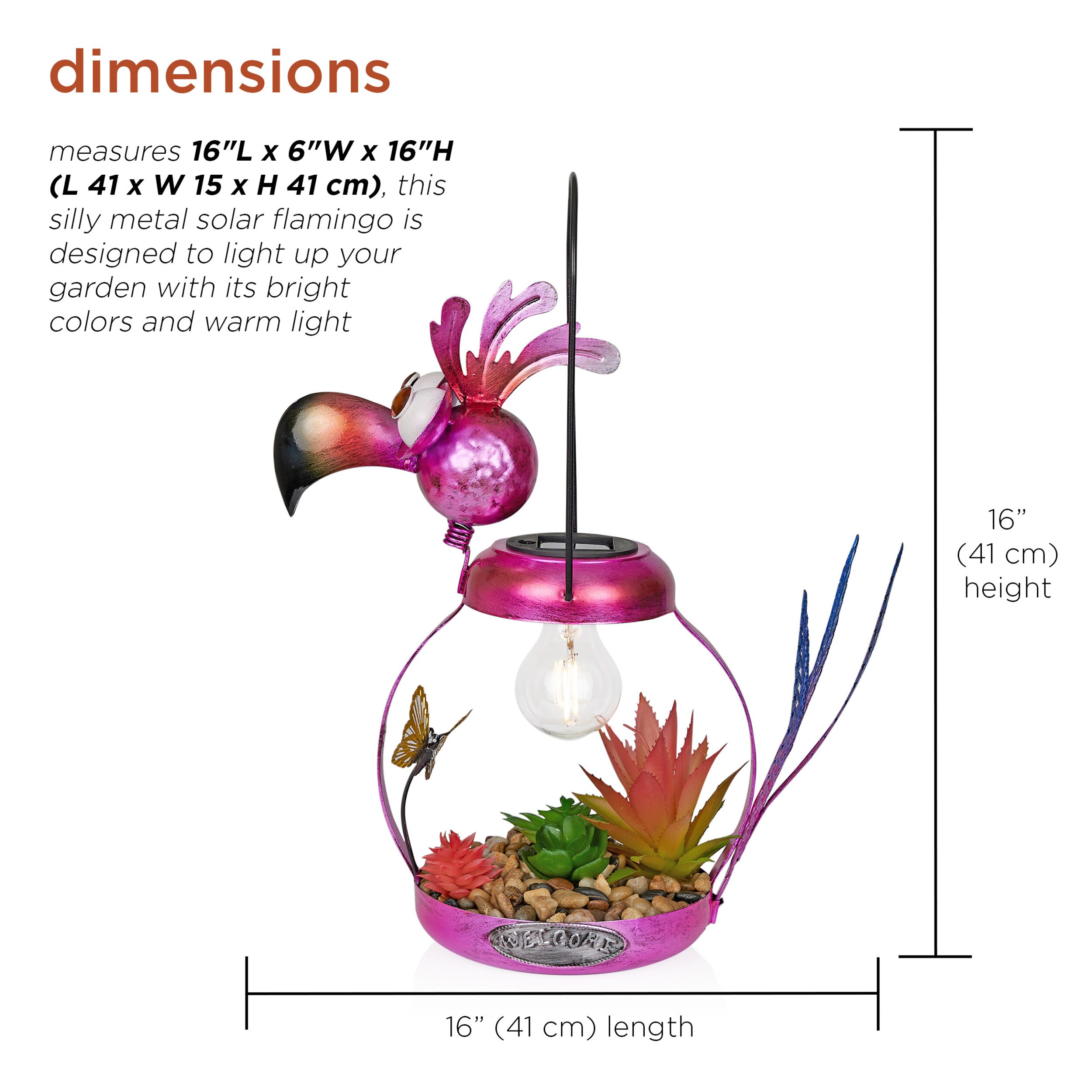16" Solar Pink Flamingo Metal Garden Decor with LED Light