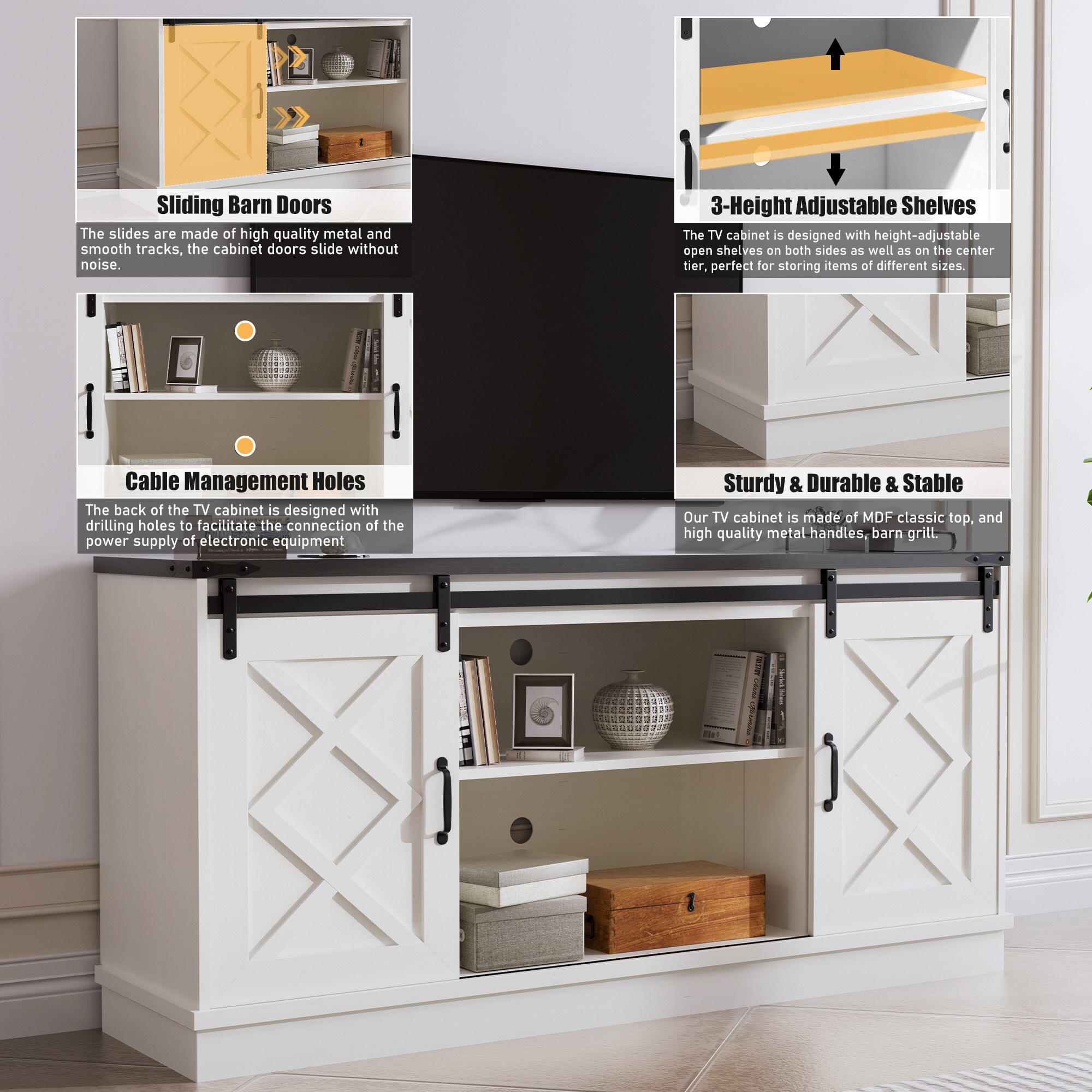White Farmhouse 58" TV Stand with Sliding Barn Doors