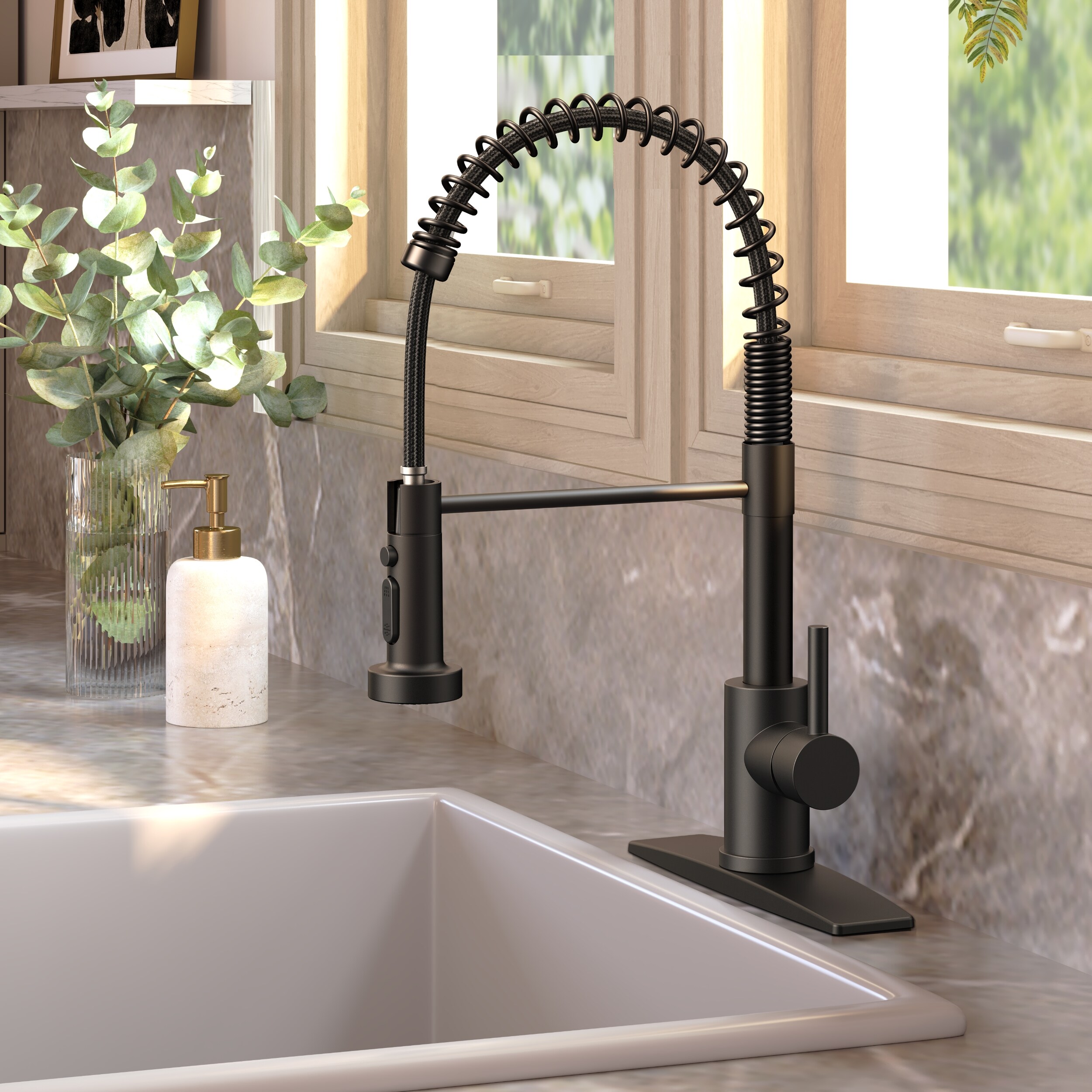 FORIOUS PD down kitchen faucet Matte Black Single Handle Pre-rinse ...