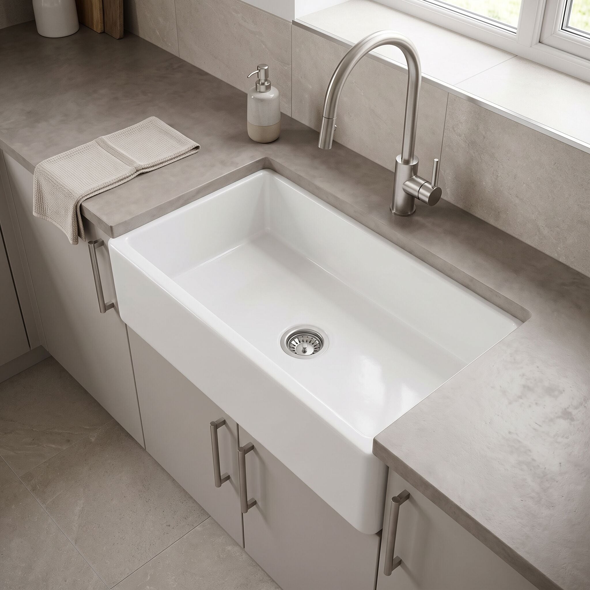 nuie  White Kitchen Sink 36-in x 18-in x 8.5-in Fireclay Single Bowl Apron Front Farmhouse Sink with Central Drain Position