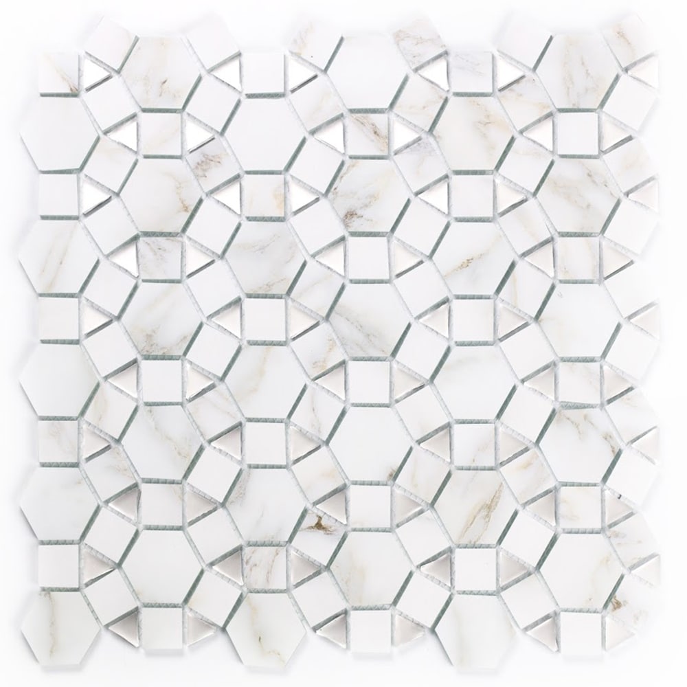 Abolos LWSMSCCOB-CG Musico Calacatta gold white 12-in x 12-in Multi-finish Glass Patterned Mosaic Wall Tile ( 10-sq ft Carton )