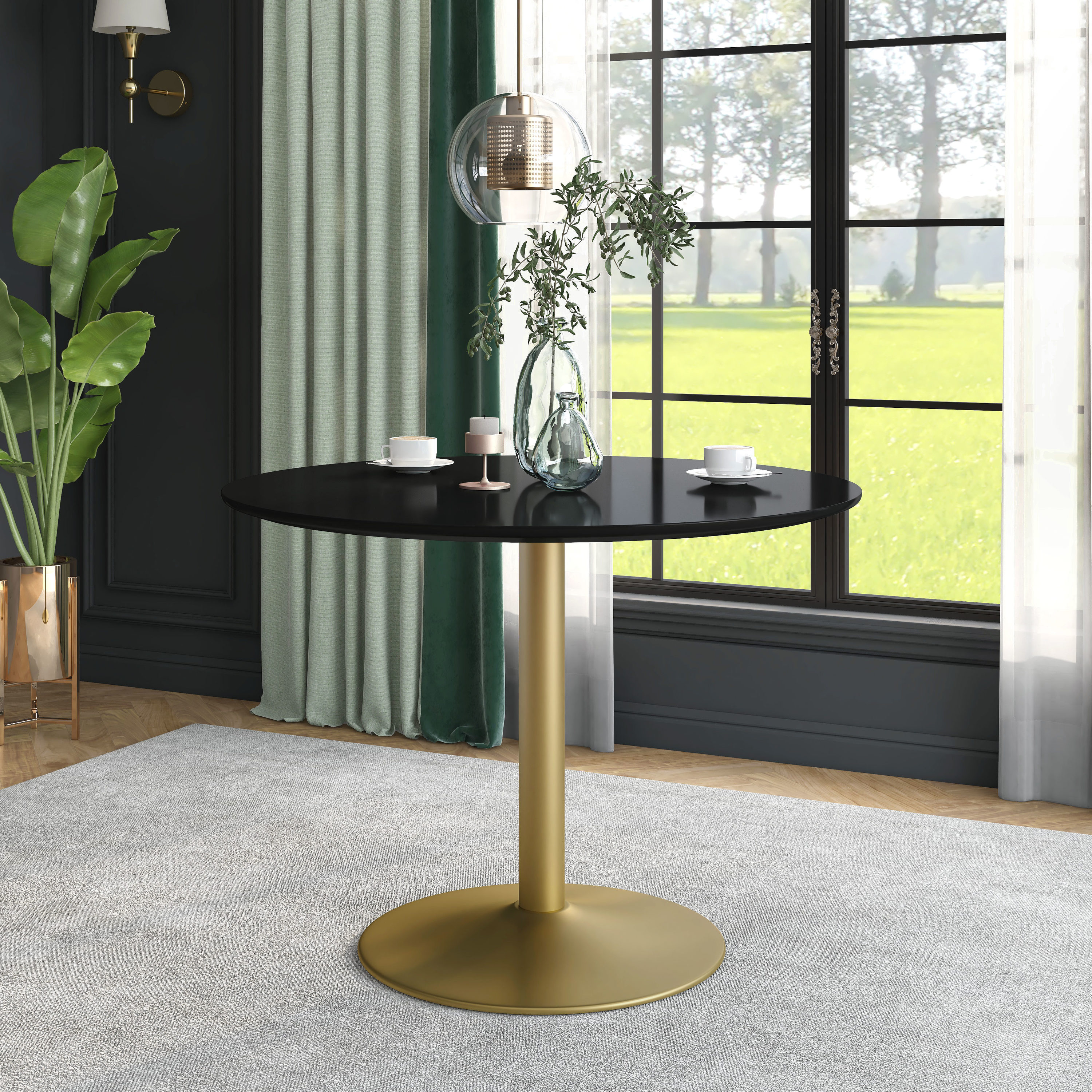Furniture of America IDF-3281BK-RT Isleworth Black and Gold Round Contemporary/Modern Dining Table, MDF with Gold Steel Pedestal Base 42-Inches L x 30-Inches H