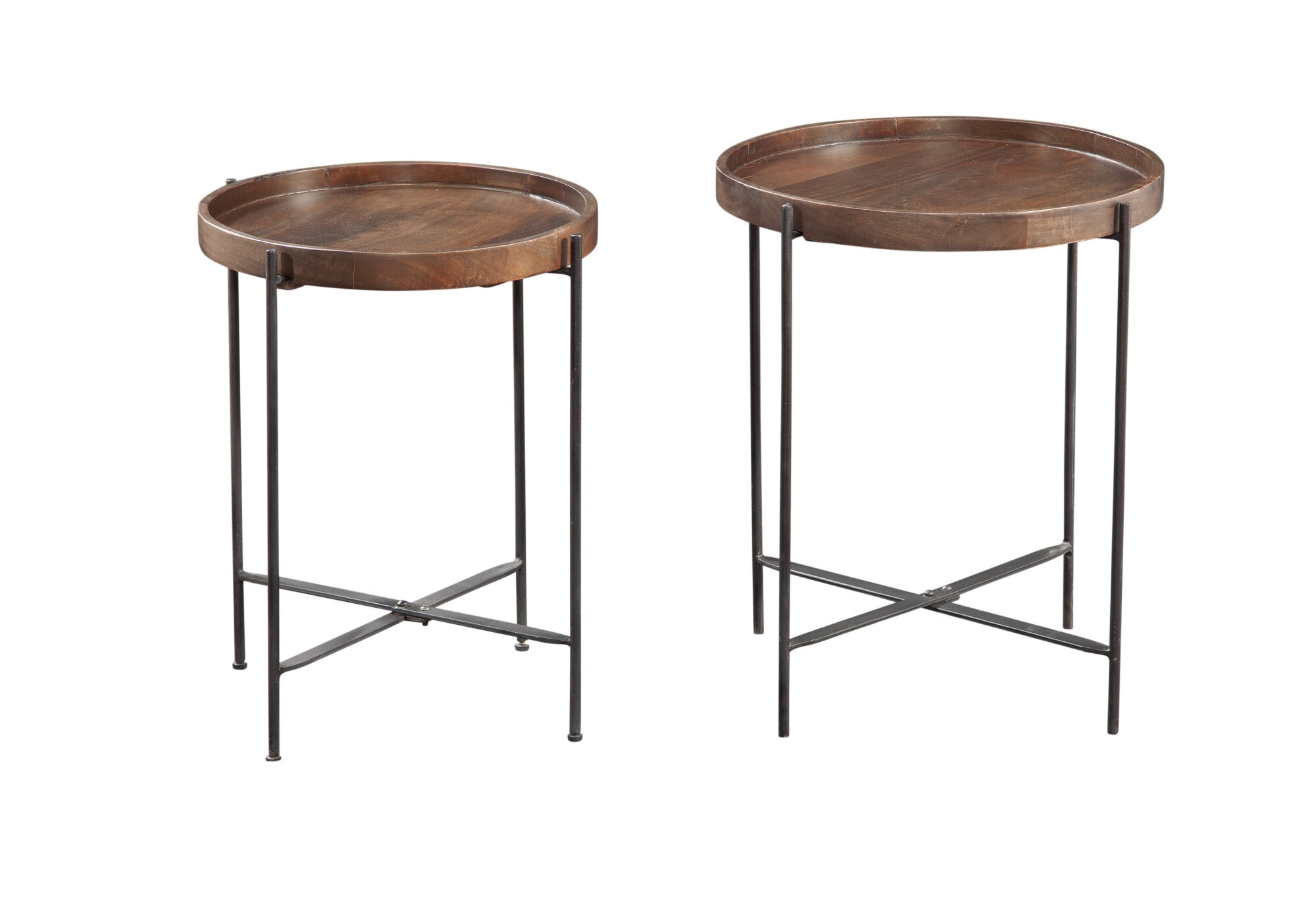 Set of 2 Round Black and Brown Mango Wood Accent Tables