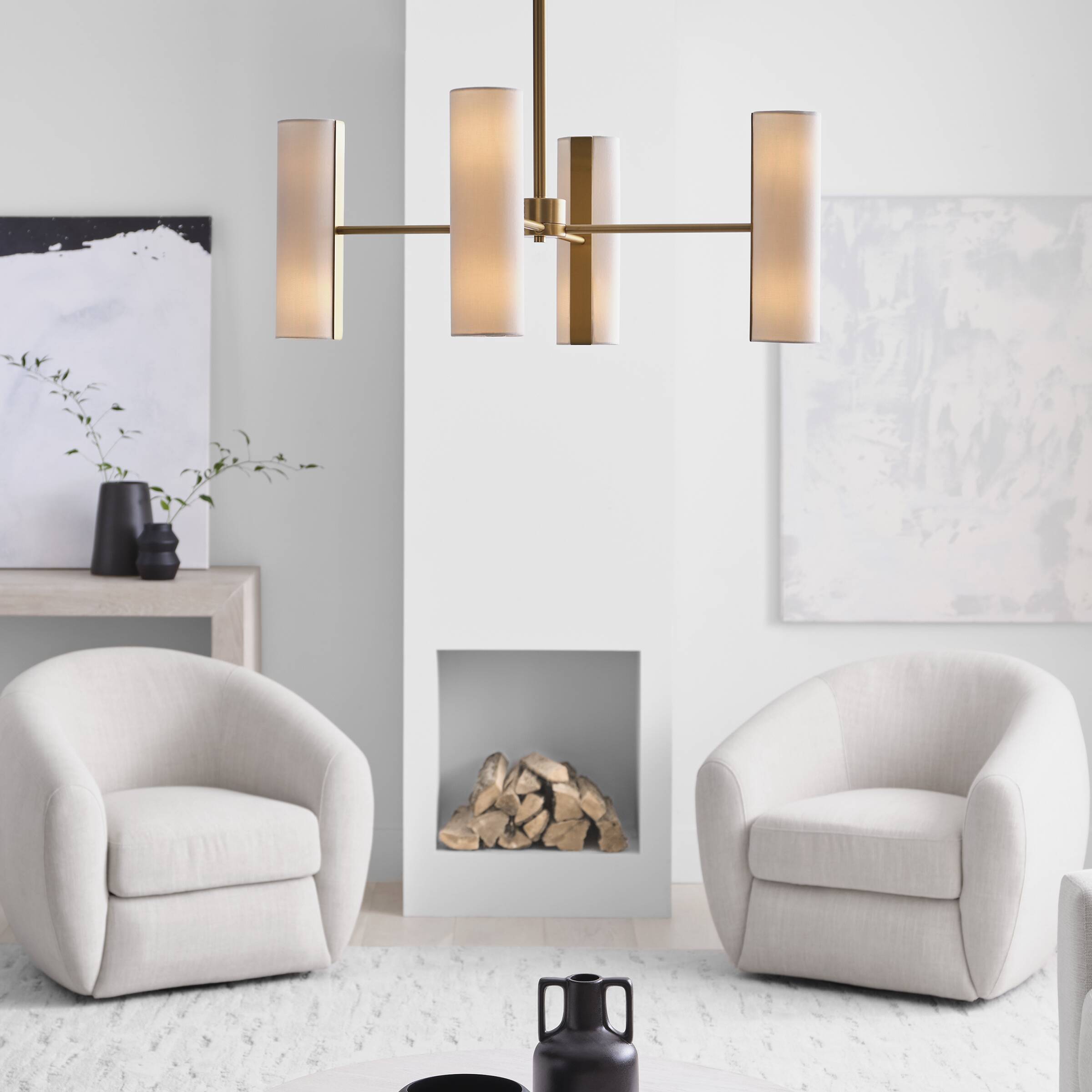 Satin Brass 8-Light Chandelier with White Linen Shades