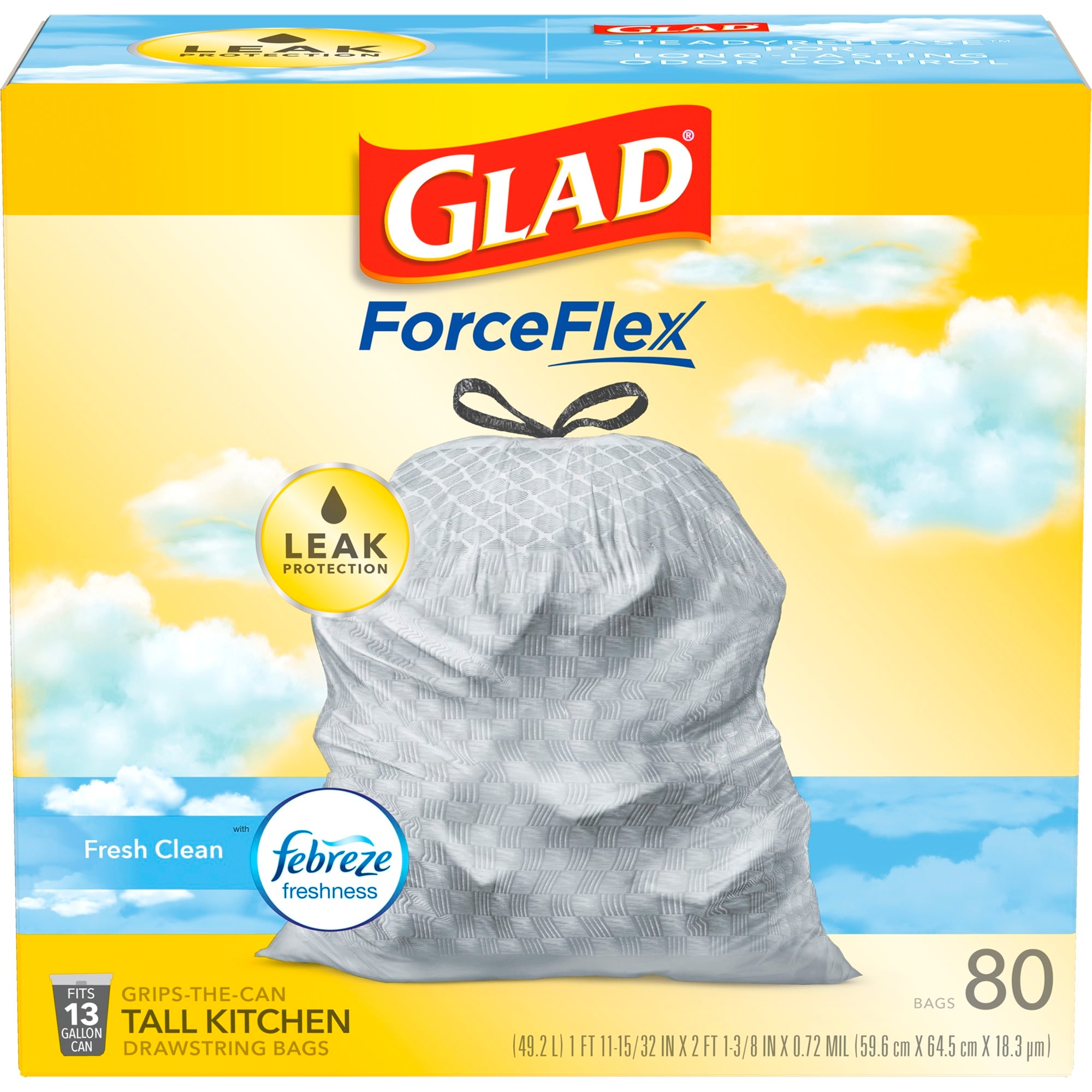 Glad ForceFlex 13-Gallons Febreze Fresh Clean White Plastic Kitchen  Drawstring Trash Bag (80-Count) in the Trash Bags department at