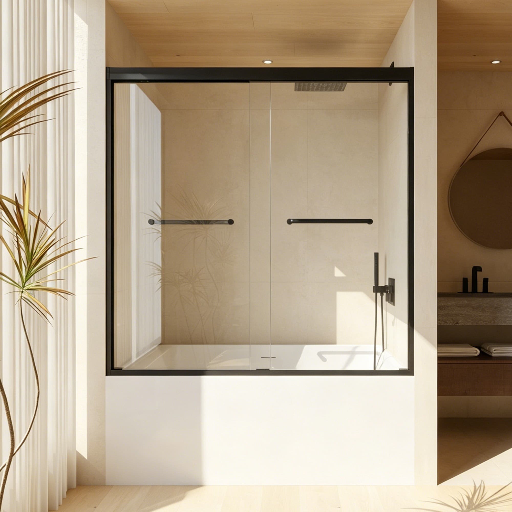 IAK - 56 to 60 inch Matte Black Tempered Glass Double Sliding Shower Door with Explosion Proof Fi...