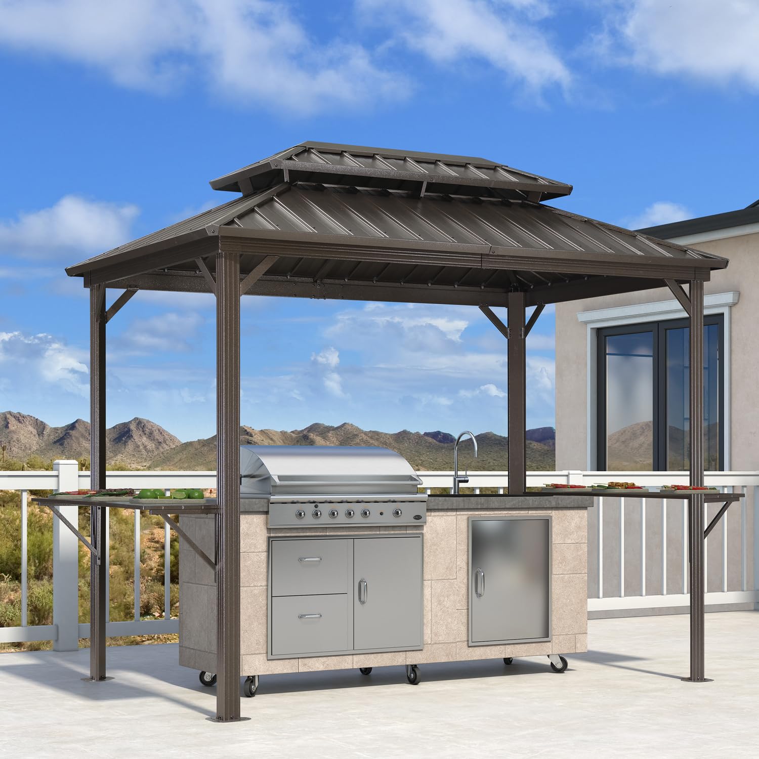 PURPLE LEAF LSMHTGG0609 9-ft x 6-ft Bronze Rectangle Grill Gazebo with Hardtop Steel Roof