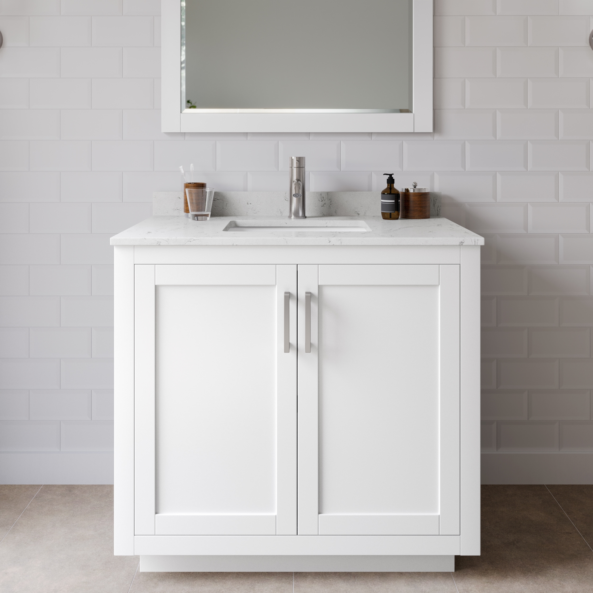 Wyndham Collection WCF292936SWHC2UNSMXX Miranda 36-in White with Brushed Nickel Trim Undermount Single Sink Bathroom Vanity with Carrara Cultured Marble Top