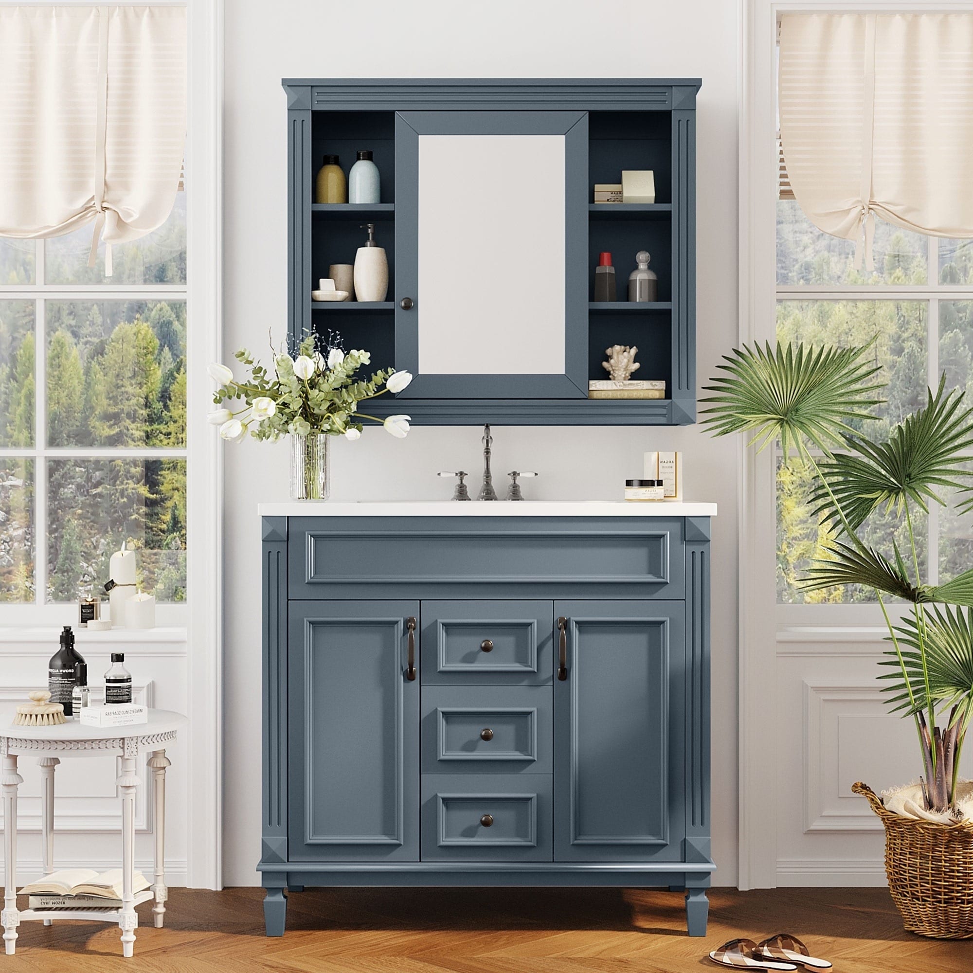 IAK 36 inch Blue Solid Wood and MDF Bathroom Vanity with Ceramic Sink and Soft Closing Doors