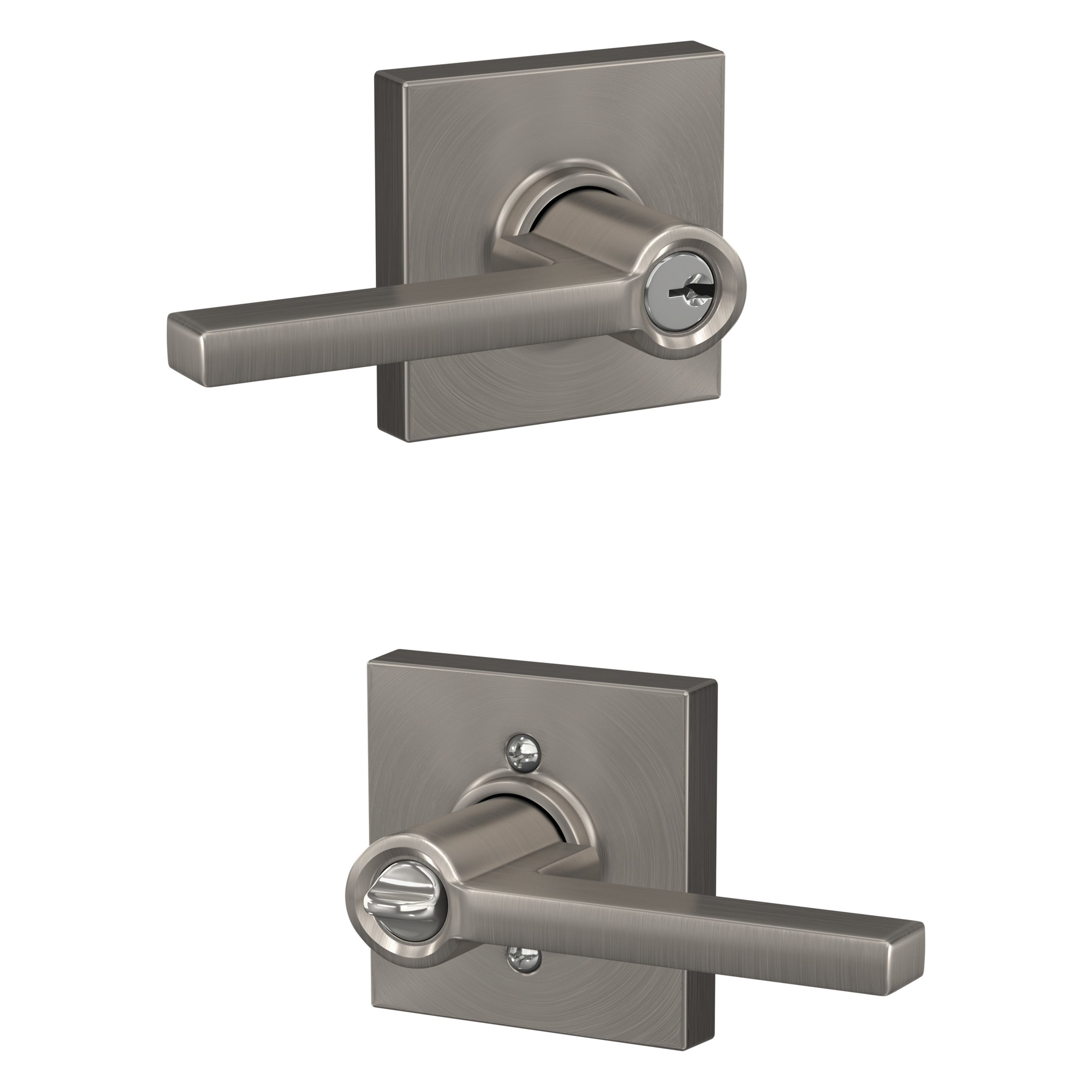 Schlage F51A LAT 619 COL Latitude - Collins Satin Nickel Universal Exterior Keyed entry Door Handle