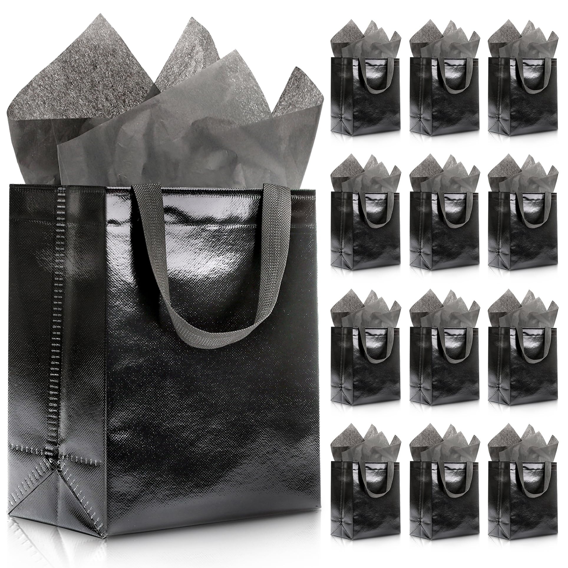 Afoxsos 12 pcs Black Reusable Gift Bags with Handles Medium 10x4x8 Inch Includes Tissue Paper and Cardboard Insert for Parties Weddings Birthdays #L05AF09034