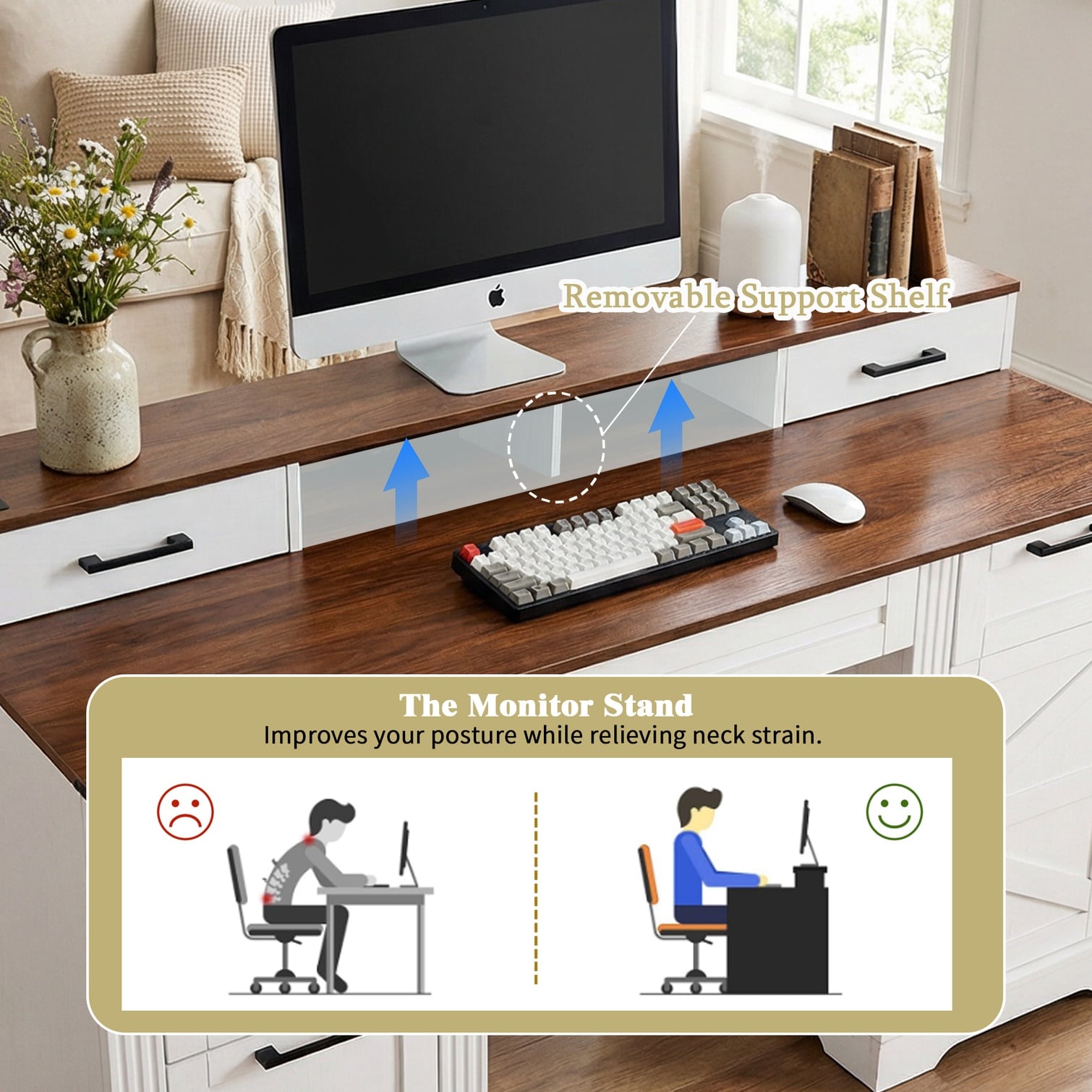 FlowLuxe MDF Computer Desk with Charging Station 59-Inch Farmhouse ...