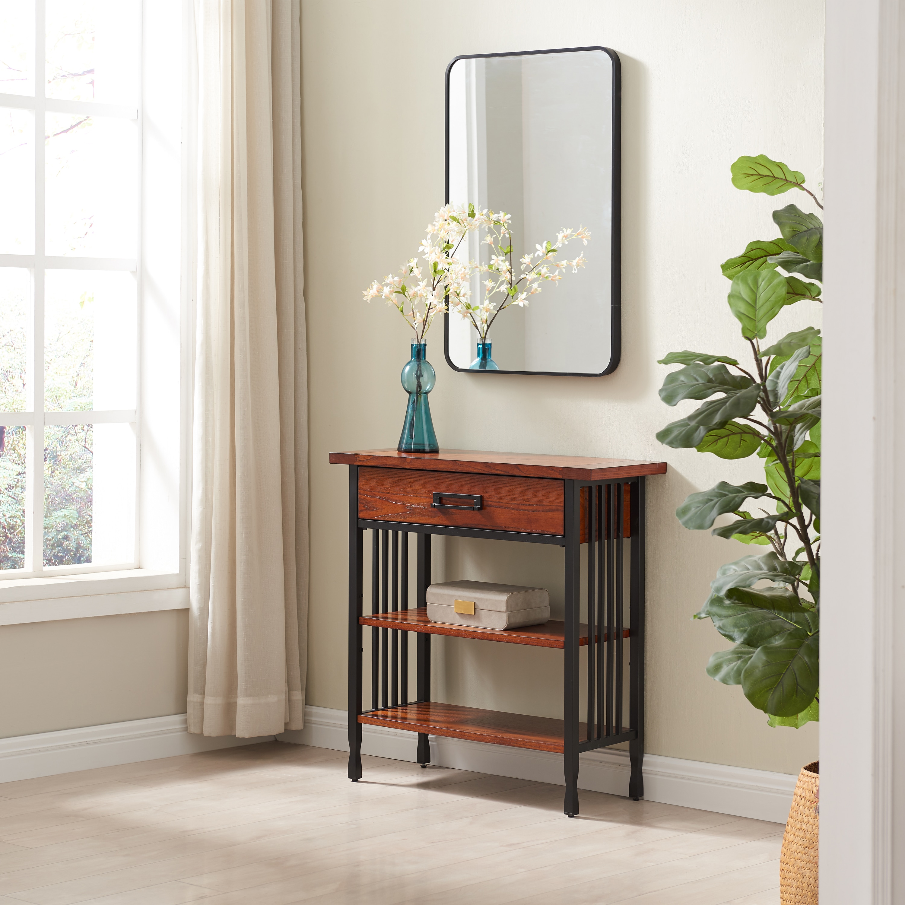 Adjustable Burnished Oak 30" Bookcase with Matte Black Base