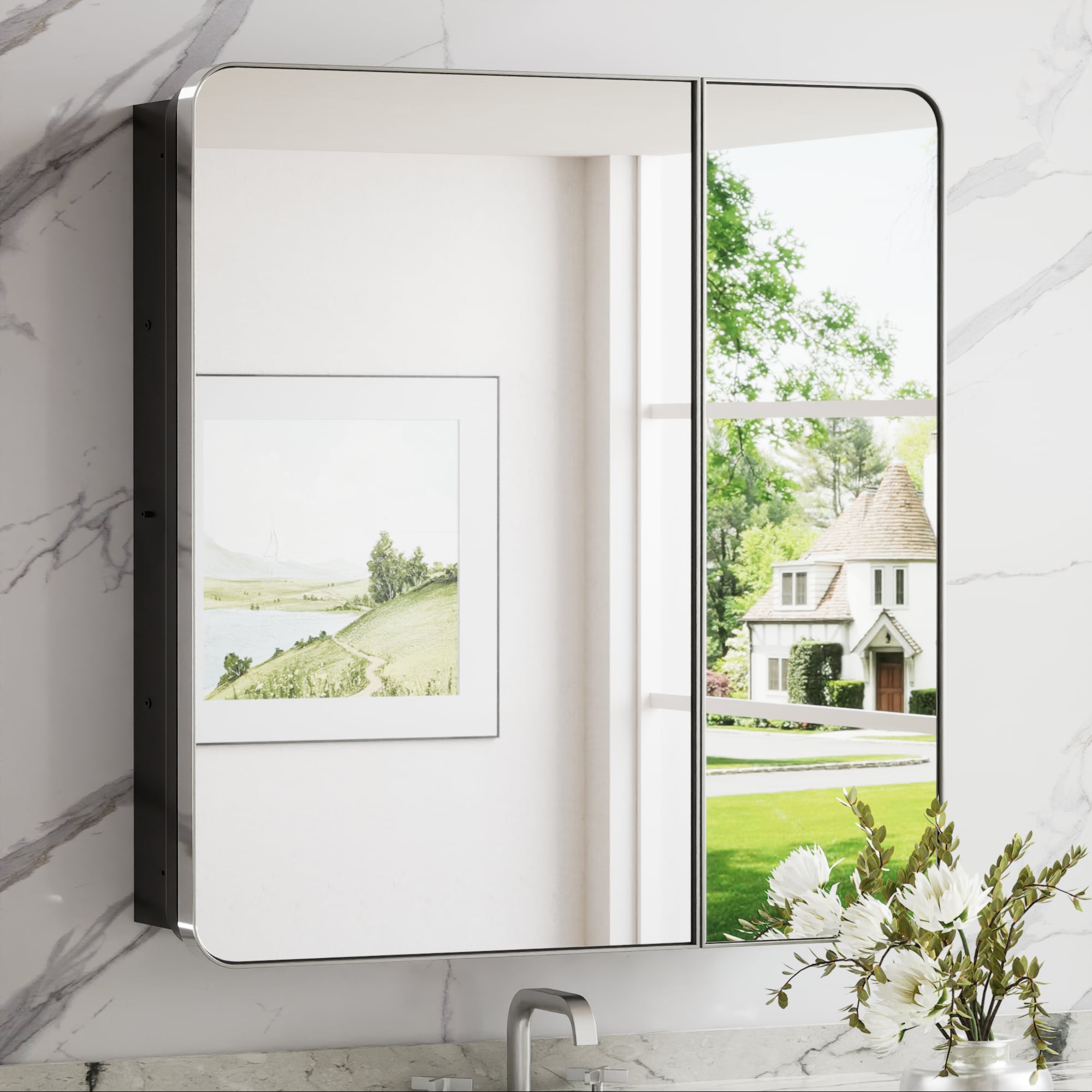 Keonjinn LW-JSKJG-YJ-S7681CH 30-in x 32-in Surface/Recessed Mount Chrome Mirrored Rectangle Soft Close Medicine Cabinet