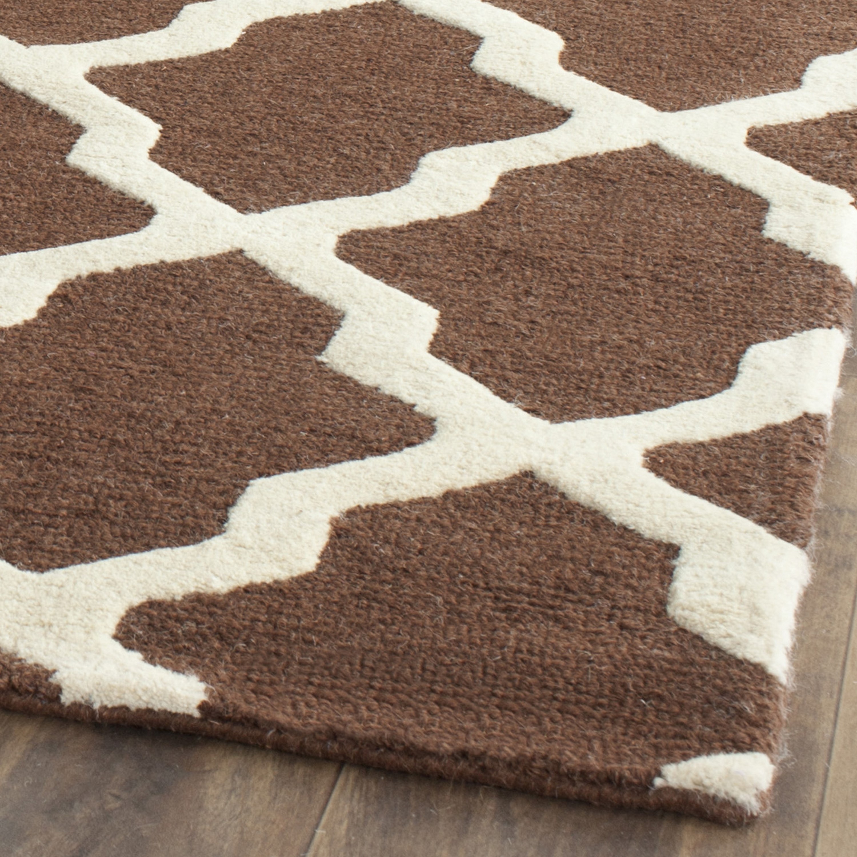 Ivory and Dark Brown Geometric Wool Area Rug, 8' x 10'