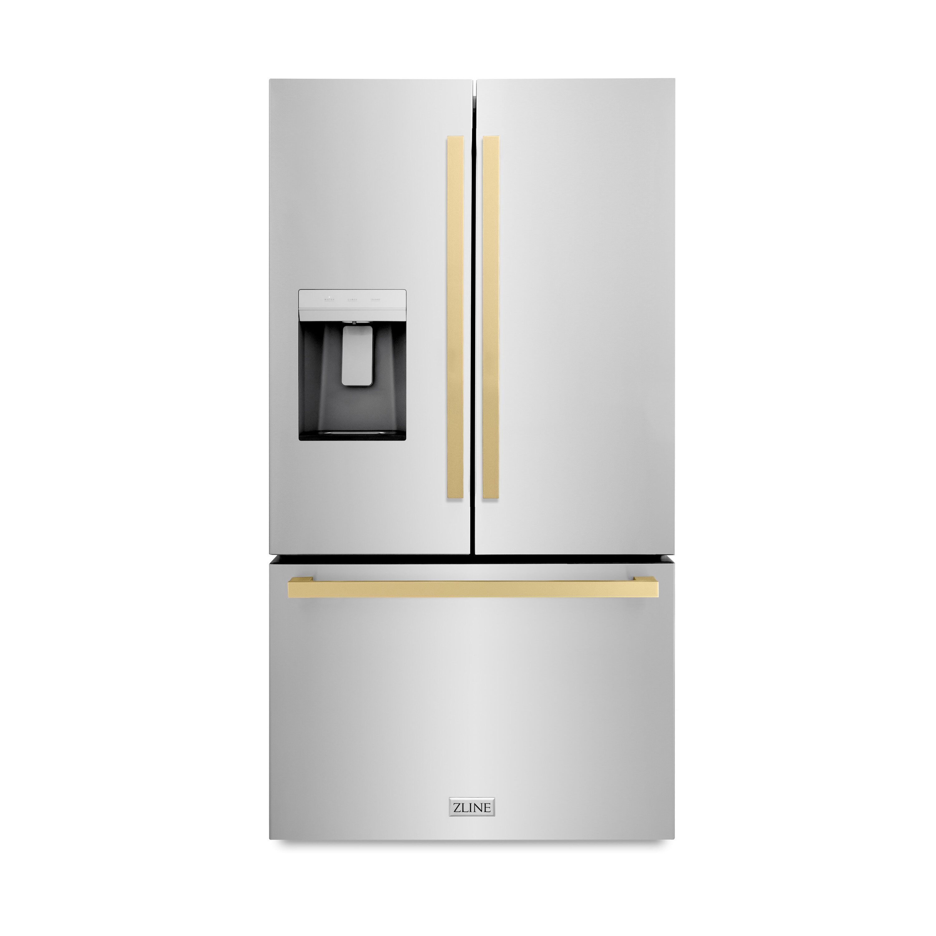 ZLINE KITCHEN & BATH RSMZ-W-36-FCB Standard-Depth 28.9-cu ft 3 -Door French Door Refrigerator with Ice Maker with Water and Ice Dispenser ( Stainless Steel with Flat Champagne Bronze Handle ) ENERGY STAR Certified