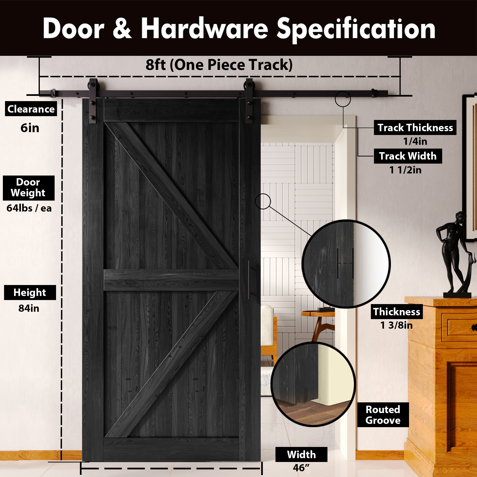 HOMACER YT1TGH096C-4684-K-BK Barn-Doors - View #2