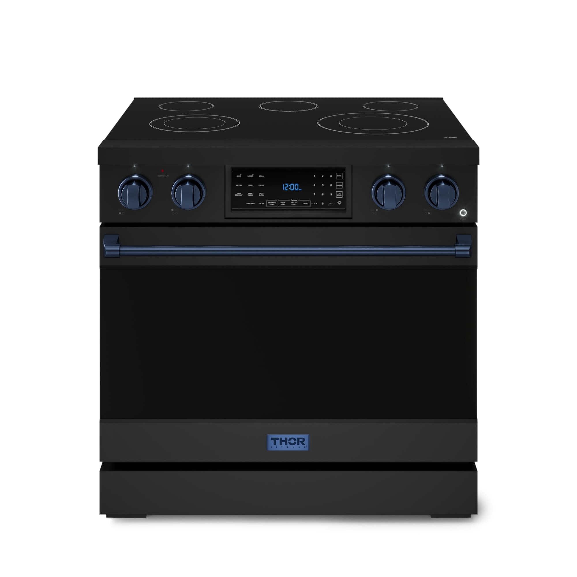 Thor Kitchen RSE36B-BLU Gordon Ramsay 36-in Glass Top 5 burners 6-cu ft Air Fry Convection Oven Freestanding Electric Range ( Matte Black )