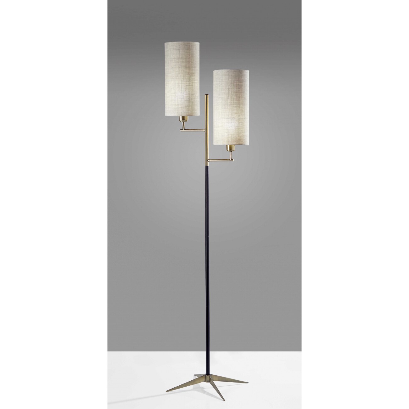 Two Light Floor Lamp Antique Brass Metal Tripod Base with Matte Black Accent and Tall Natural Fabric Shade | - HomeRoots 4000372593