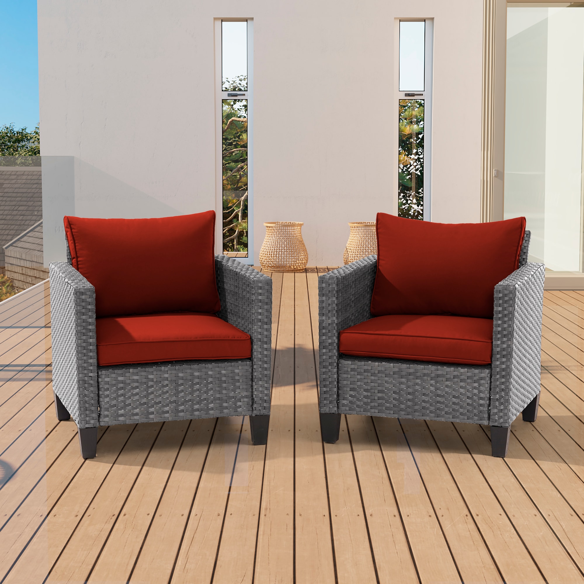 Sonkuki SD-PS-S2HOG patio chiars Set of 2 Wicker Gray Wicker Frame Stationary Conversation Chair with Red Cushioned Seat
