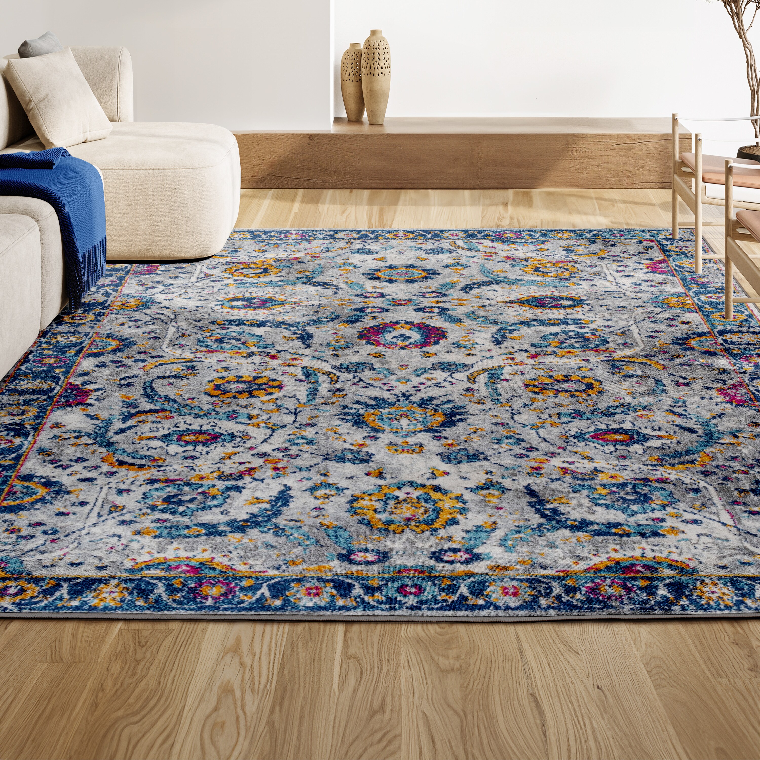 Izil Light Gray and Blue Synthetic Persian Area Rug, 8' x 10'