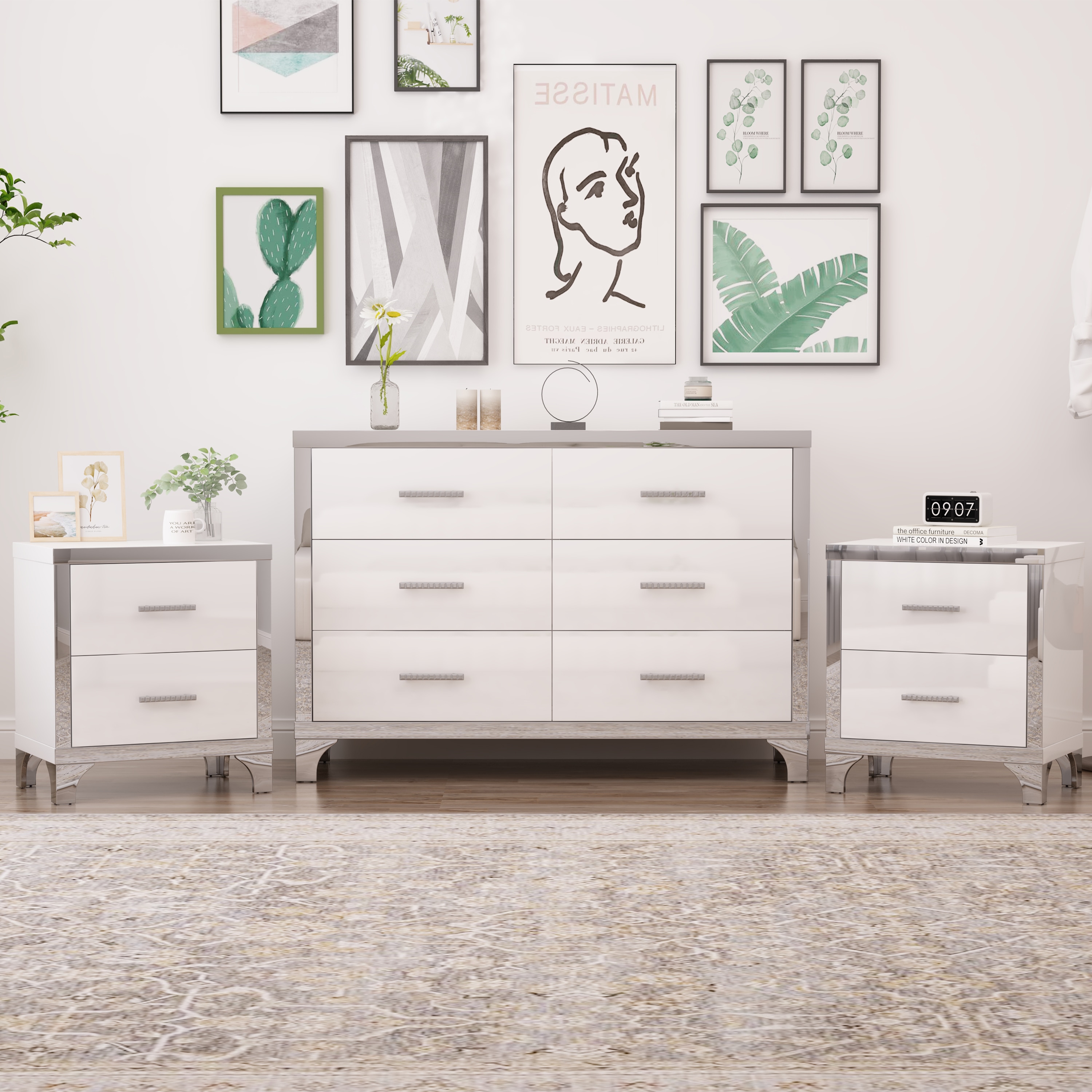 LOVMOR SF-R-N733S205355K 3-Pieces SetsDresser and Two Nightstands with Metal Handles and Mirror Decoration Elegant and SubtleWhite