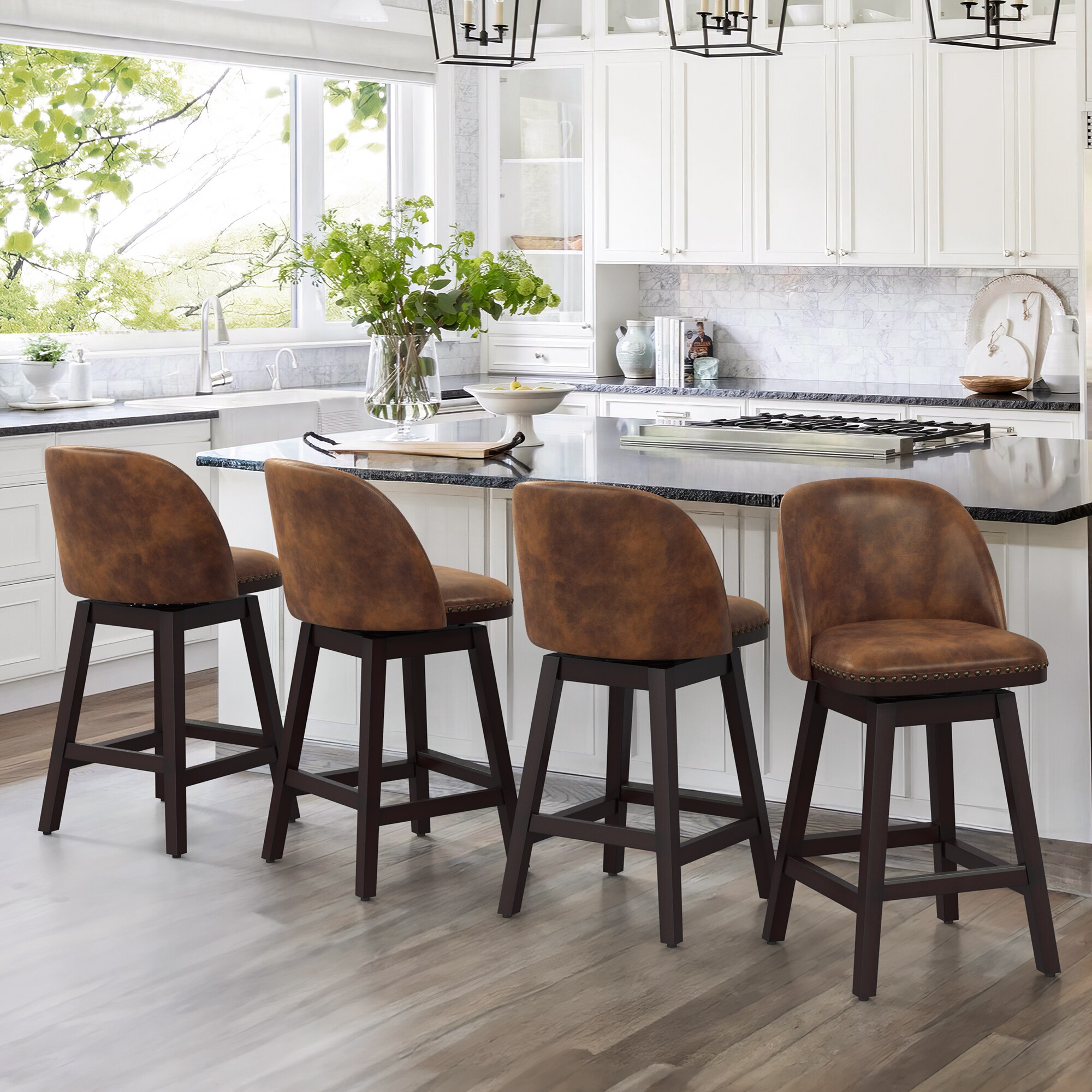 LUE BONA 4YB-009-03LS Set of 4 Brown/Faux Leather 26-in H Counter height (24-in to 27-in) Square Seat Upholstered Swivel Wood Back Bar Stool Back