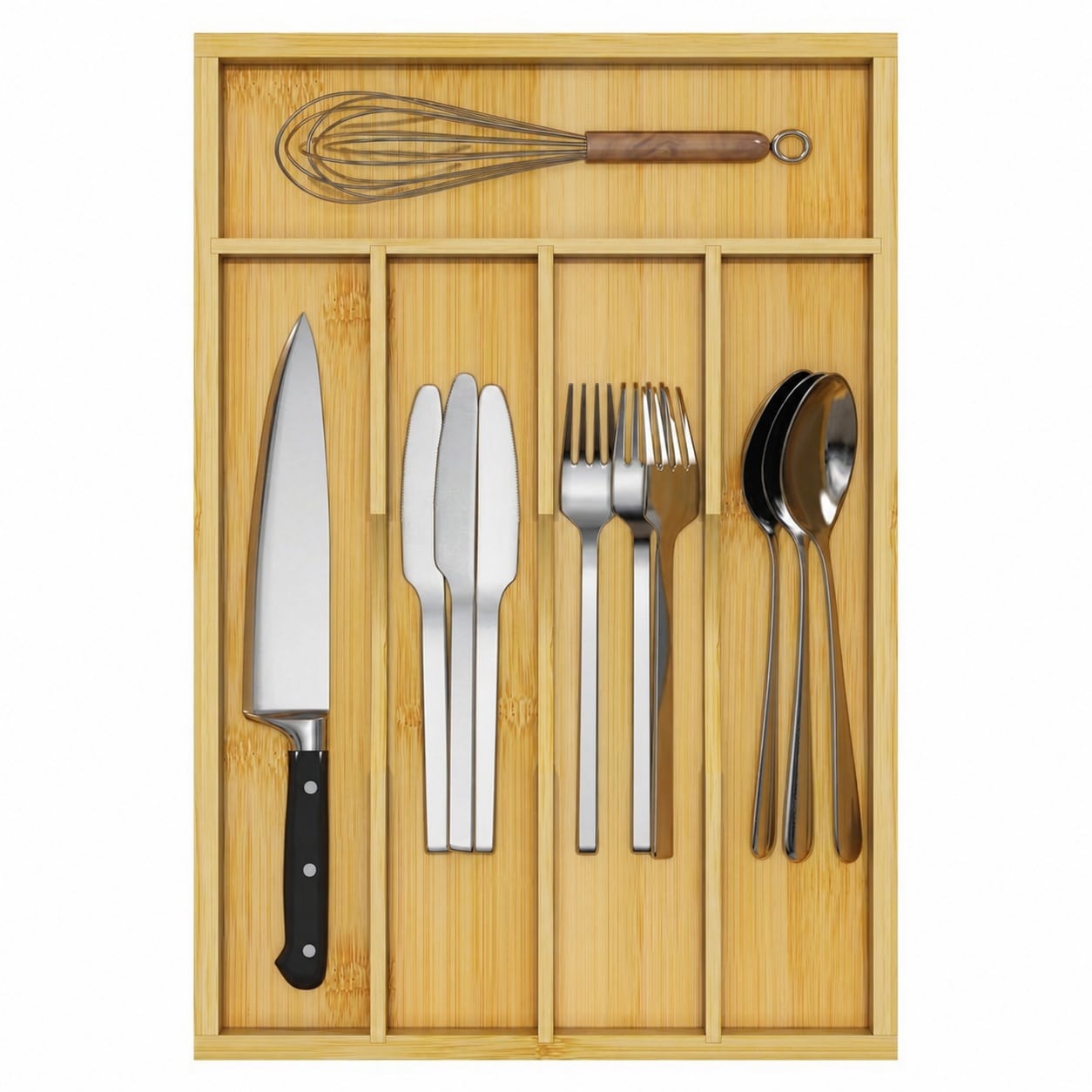 UUDULY  Bamboo Utensil Organizer for Kitchen Drawers Five Slot Silverware Tray Cutlery Holder Wood Drawer Divider for Home Office Storage