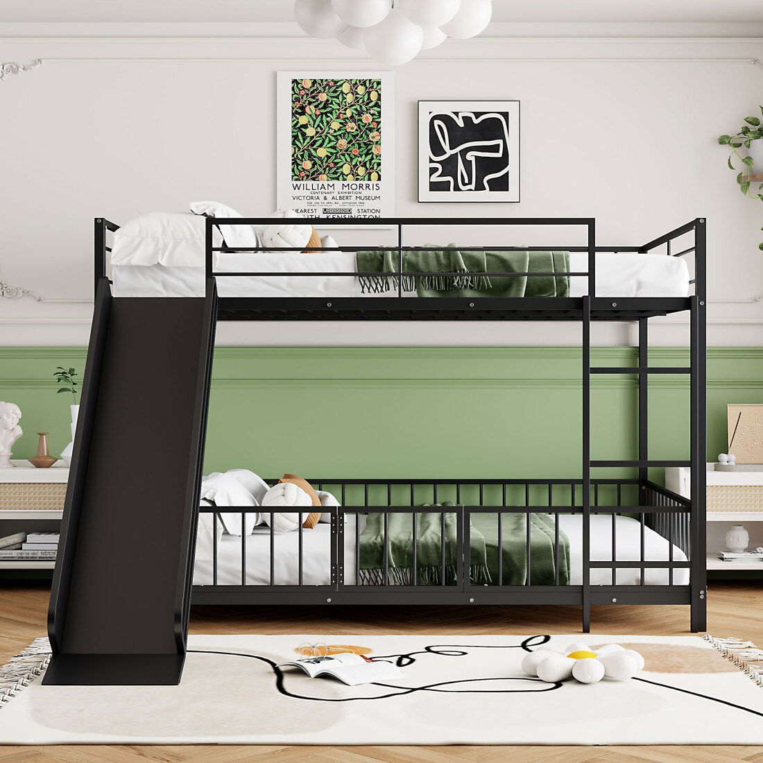 CHITA Full over Full Size Metal Bunk Bed with Slide and Guardrails ...