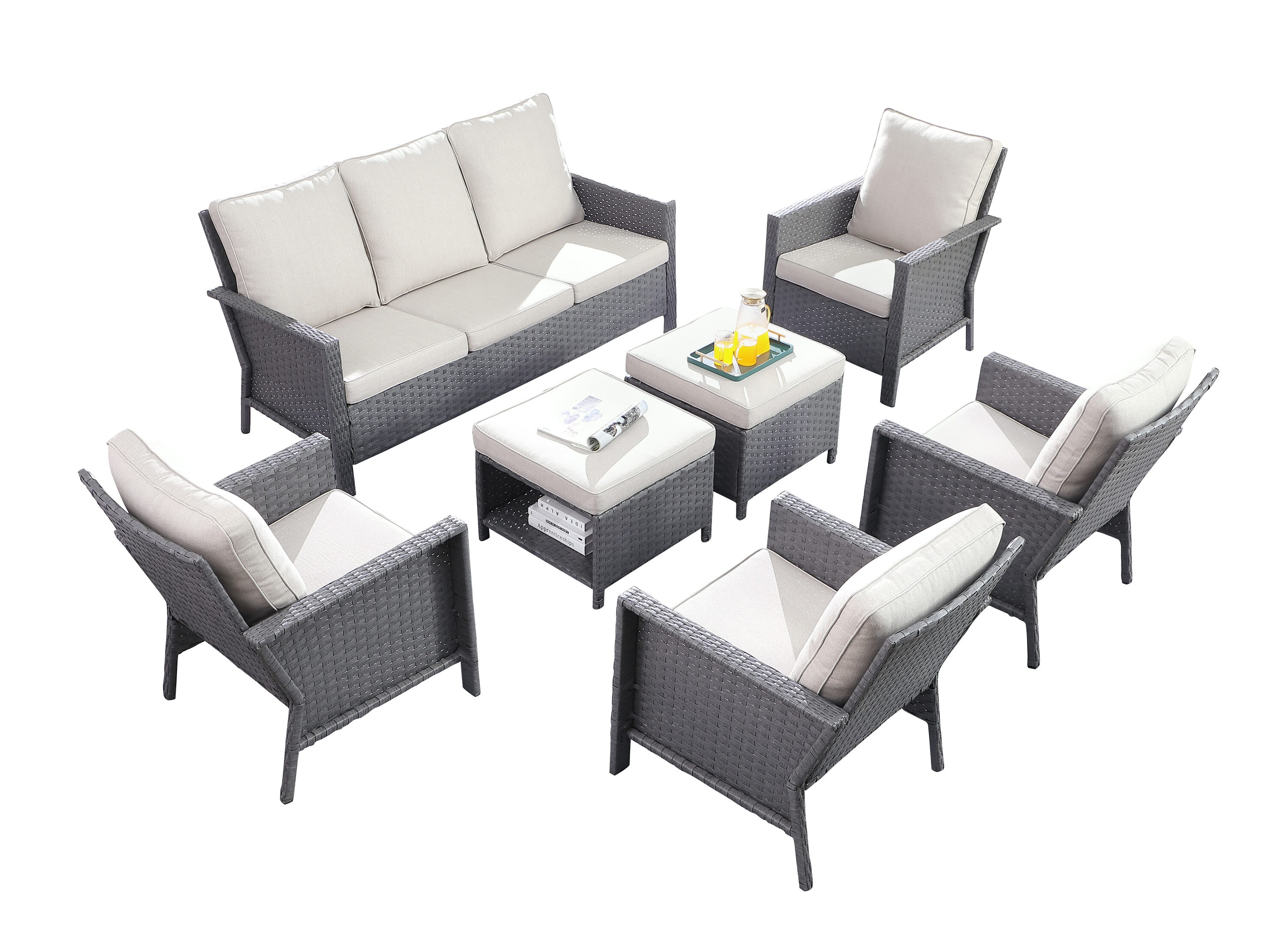 Forclover ALW49-09 Wicker Sectional Sofa Set Wicker Sectional with Off-white Cushion(S) and Wicker Frame