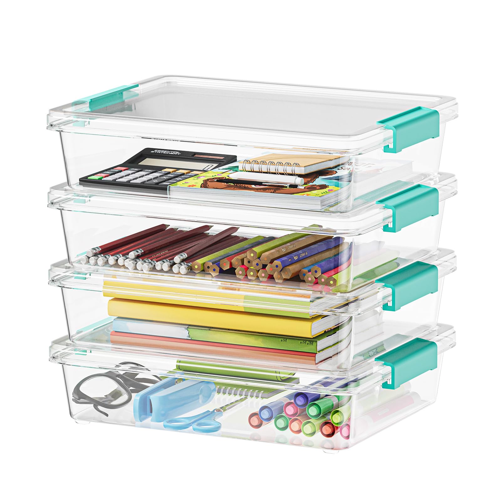 WZKZLH Stackable Plastic Storage Bins With Lids 4 Pack Clear Craft Organizers For Home Office School Supplies