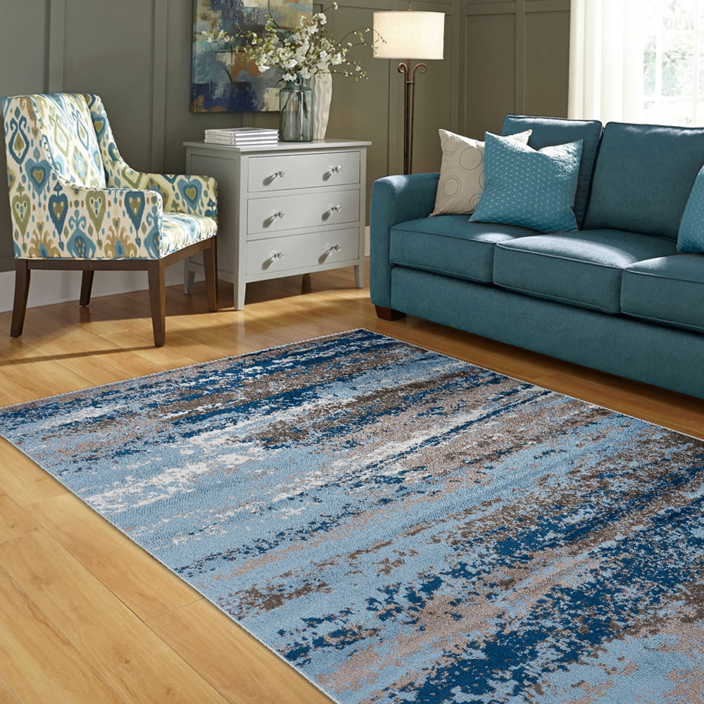 LR Home 0764A8984934J8 Myriad 5 x 7 (ft) Loomed Polypropylene Light Blue/Soft Blue Rectangular Indoor Abstract Area rug