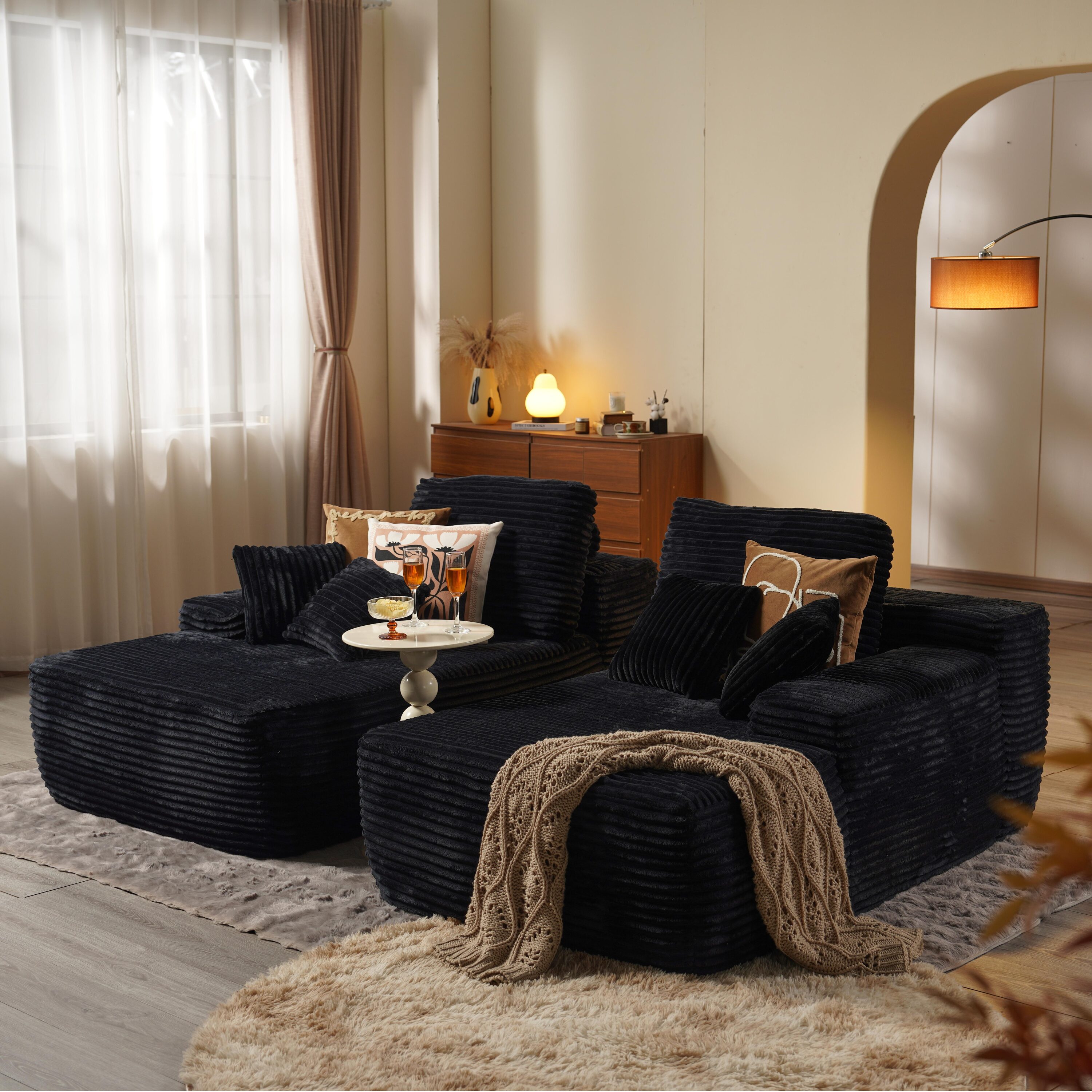Pouuin SASAA-430 81.1-Inches Modern Black Plush Corduroy 2 -seater Sectional
