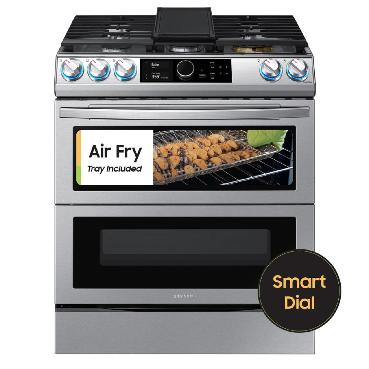 Samsung 30-in 5 Burners 3.4-cu ft / 2.5-cu ft Self-cleaning Air Fry  Convection Oven Slide-in Smart Natural Gas Double Oven Gas Range  (Fingerprint Resistant Stainless Steel) in the Double Oven Gas Ranges