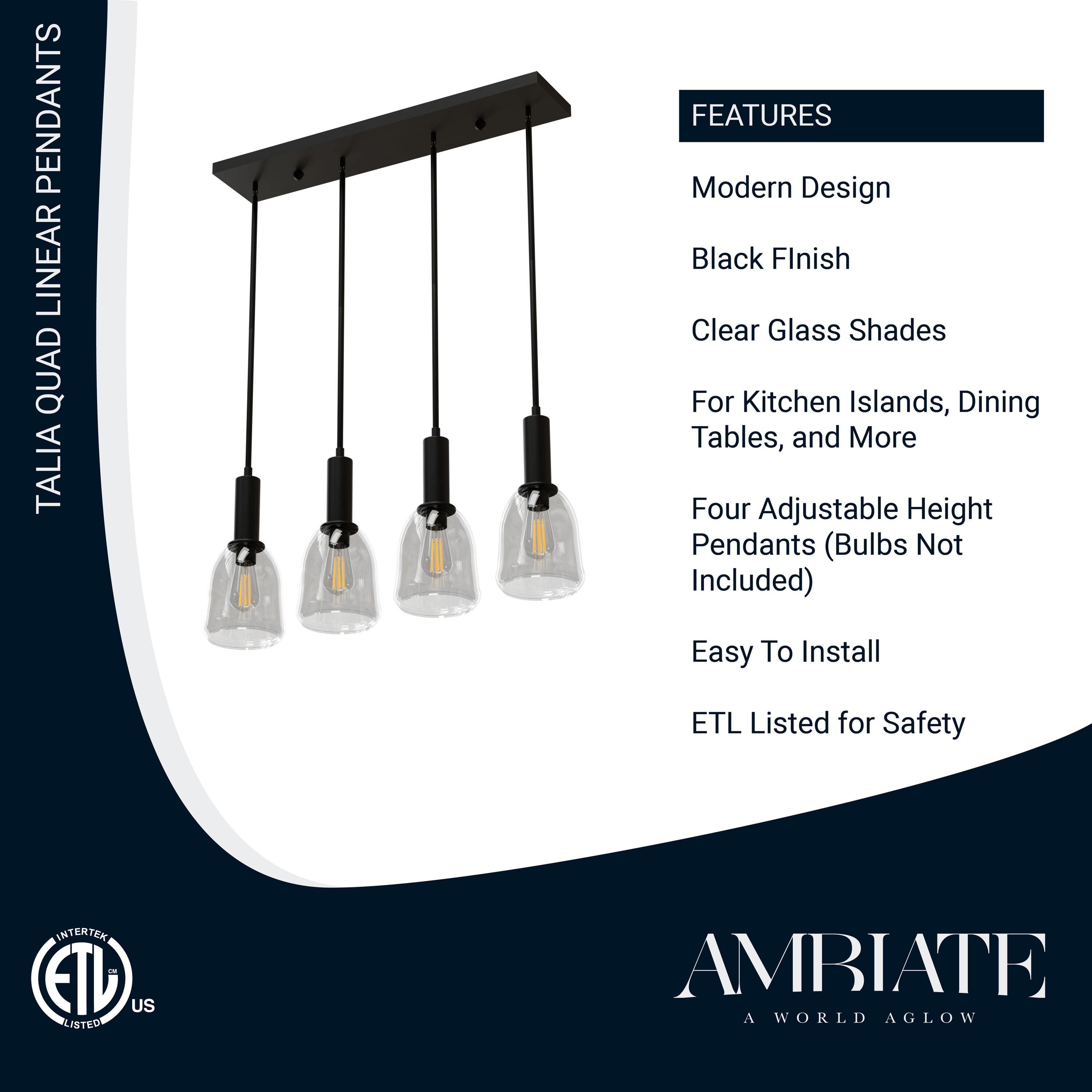 Matte Black Glass 4-Light Linear Pendant Fixture