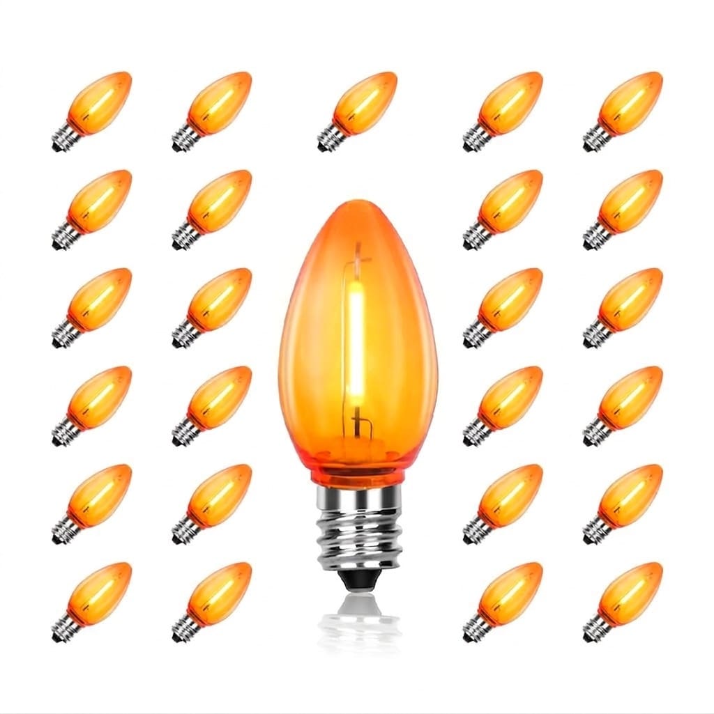 AOIZGMY  C7 Replacement Bulbs 25 Pack Orange LED 06W E12 Base Shatterproof Waterproof Indoor Outdoor String Lights for Halloween Christmas Patio