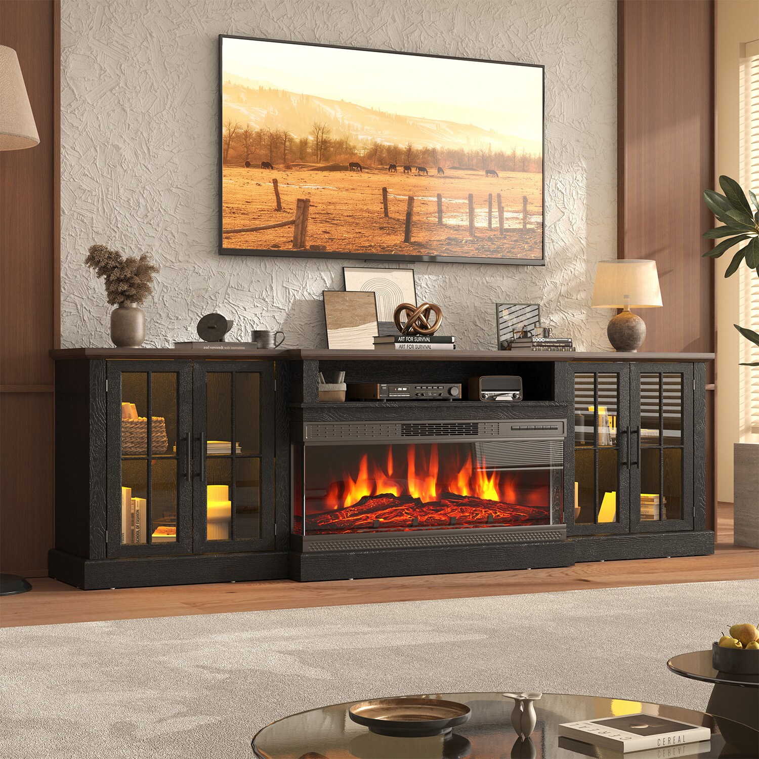 Nordivale  87IN TV Stand Media Console with Glass Doors Storage Cabinet 36IN Electric Fireplace Insert Black Sansujyuku sansujyuku.com