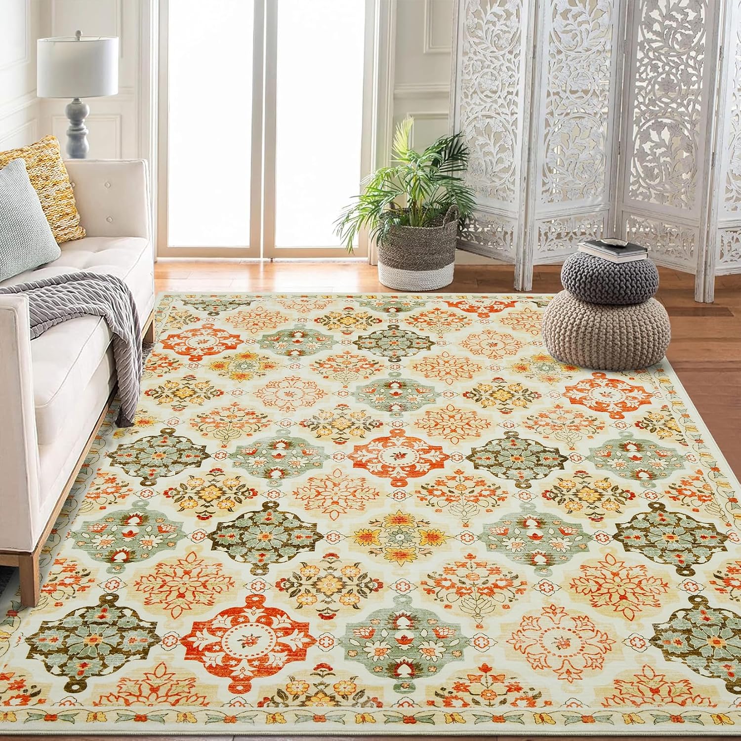 GAOMON - Boho Floral Checkerboard Washable Area Rug Rug for Bedroom Living Room Non-Slip Oriental...