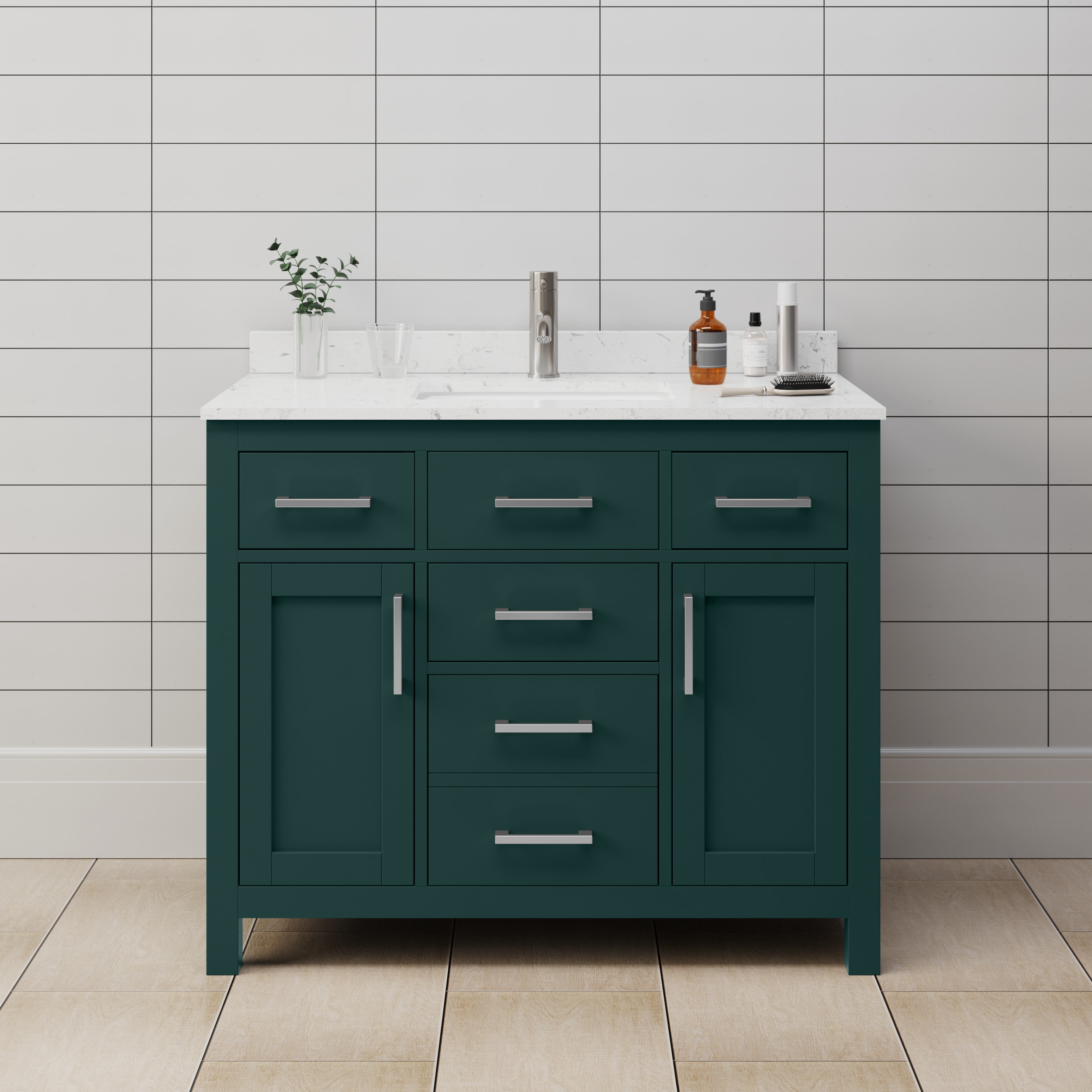 Wyndham Collection WCG242442SGECCUNSMXX Beckett 42-in Green with Brushed Nickel Trim Undermount Single sink Bathroom Vanity with Carrara Cultured Marble Cultured marble Top