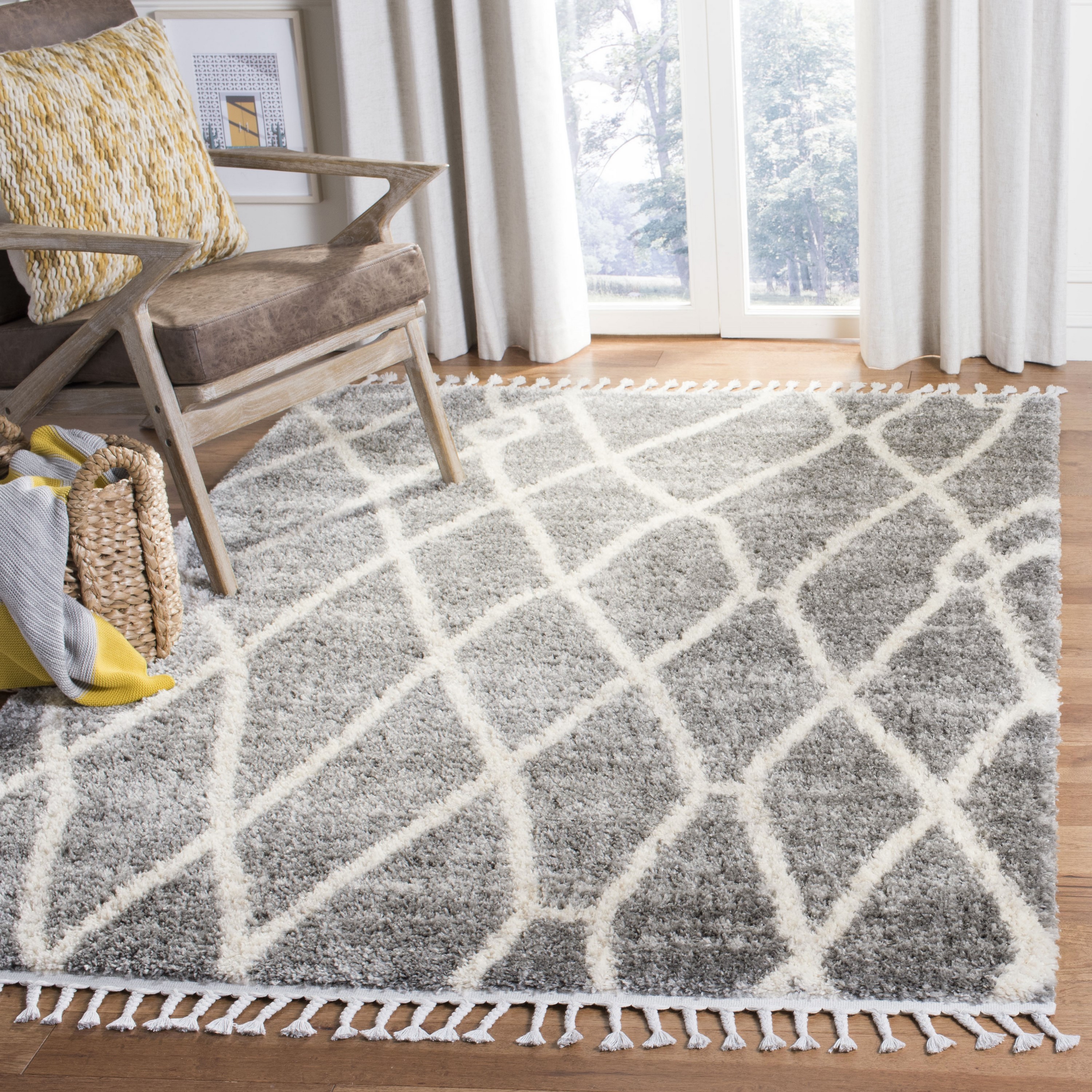 Safavieh BFG628F-9 Berber Fringe Cutar Shag 9 x 12 (ft) Loomed Polypropylene Gray/Cream Rectangular Indoor Trellis Moroccan Area rug