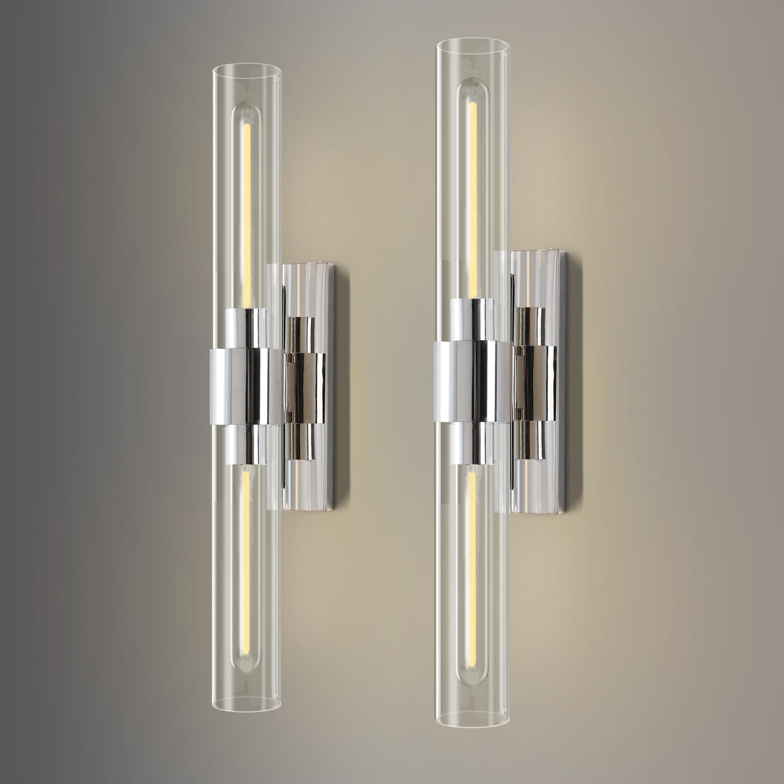 Gleam Flare Nickel Wall Sconces Set of Two 22.8in Bathroom Sconces Wall Decor with Clear Glass Shade Indoor Vanity Wall Lights for Bathroom Living Room Bedroom Hallway Fireplace Staircase